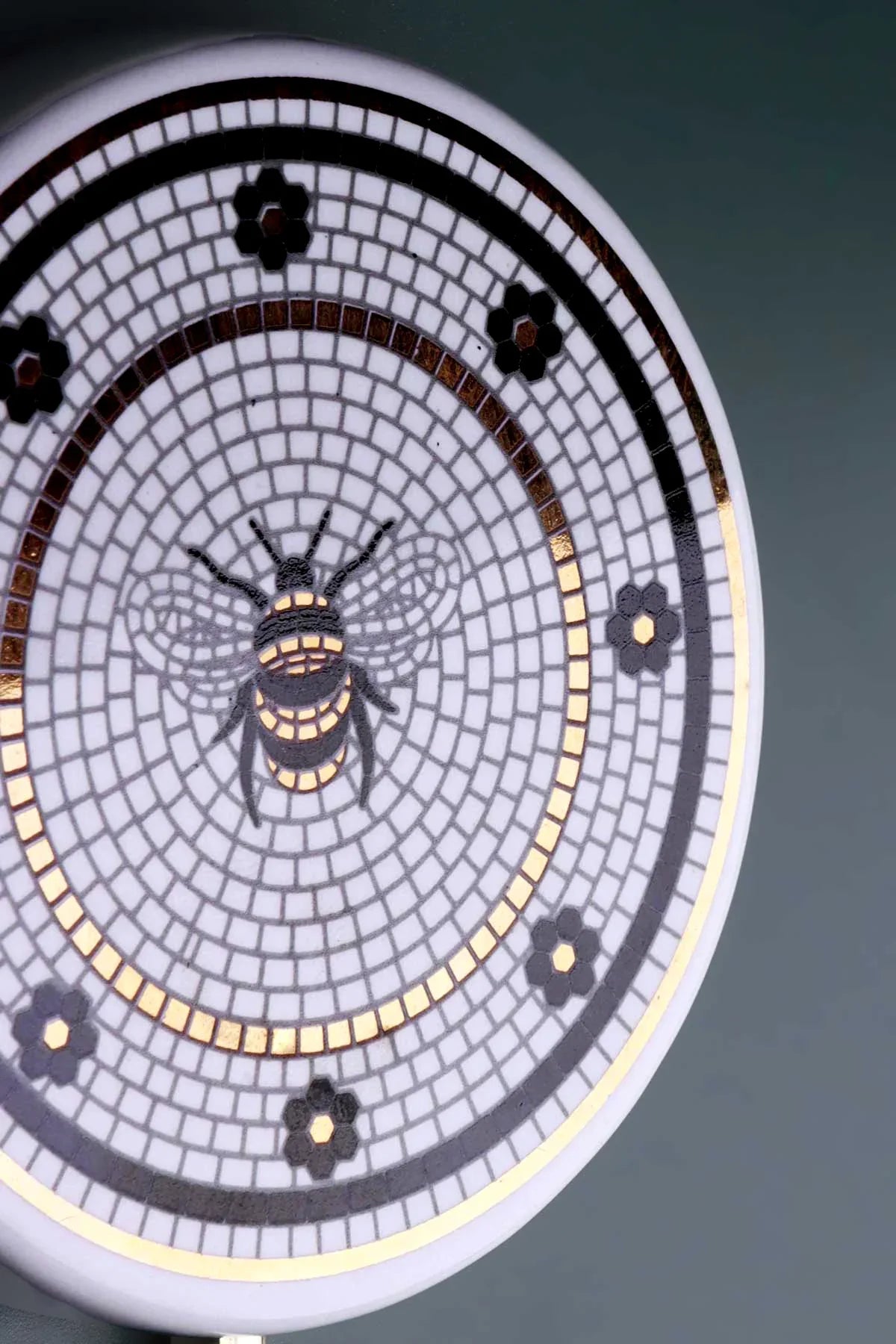 British Bee Tile Wall Hook Black, White & Gold Mosaic Design with Brass Finish - G Decor