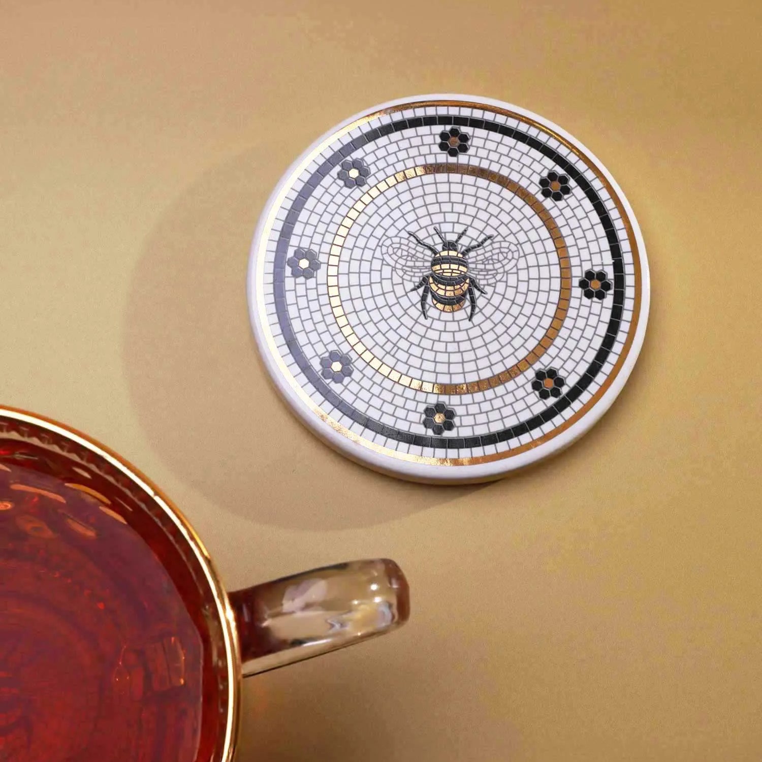 British Pub Bee Handcrafted Mosaic Coaster Black, White & Gold Tile Art - G Decor