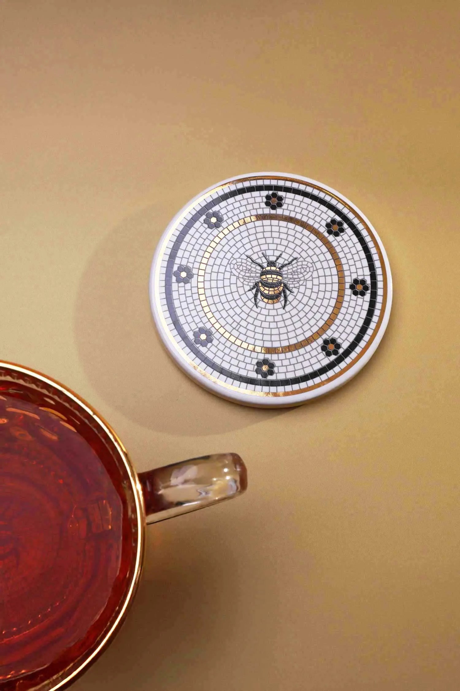 British Pub Bee Handcrafted Mosaic Coaster Black, White & Gold Tile Art - G Decor