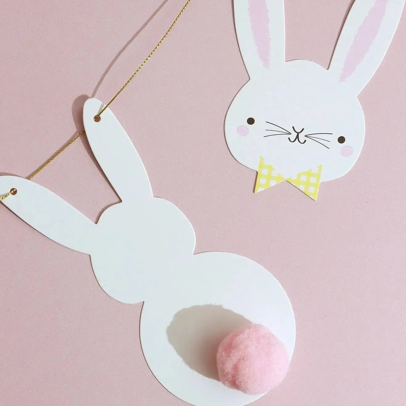Bunny Bunting with White Rabbit Faces and Silhouettes with Pom Pom Tails - G Decor