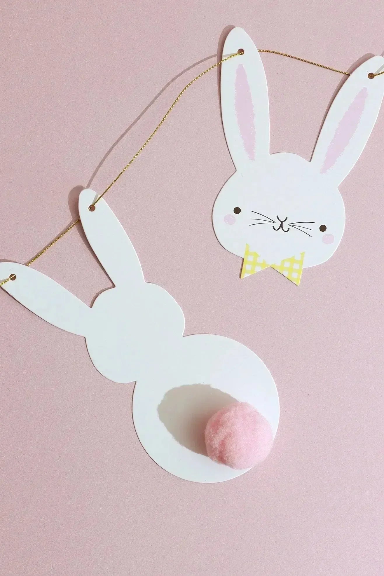 Bunny Bunting with White Rabbit Faces and Silhouettes with Pom Pom Tails - G Decor