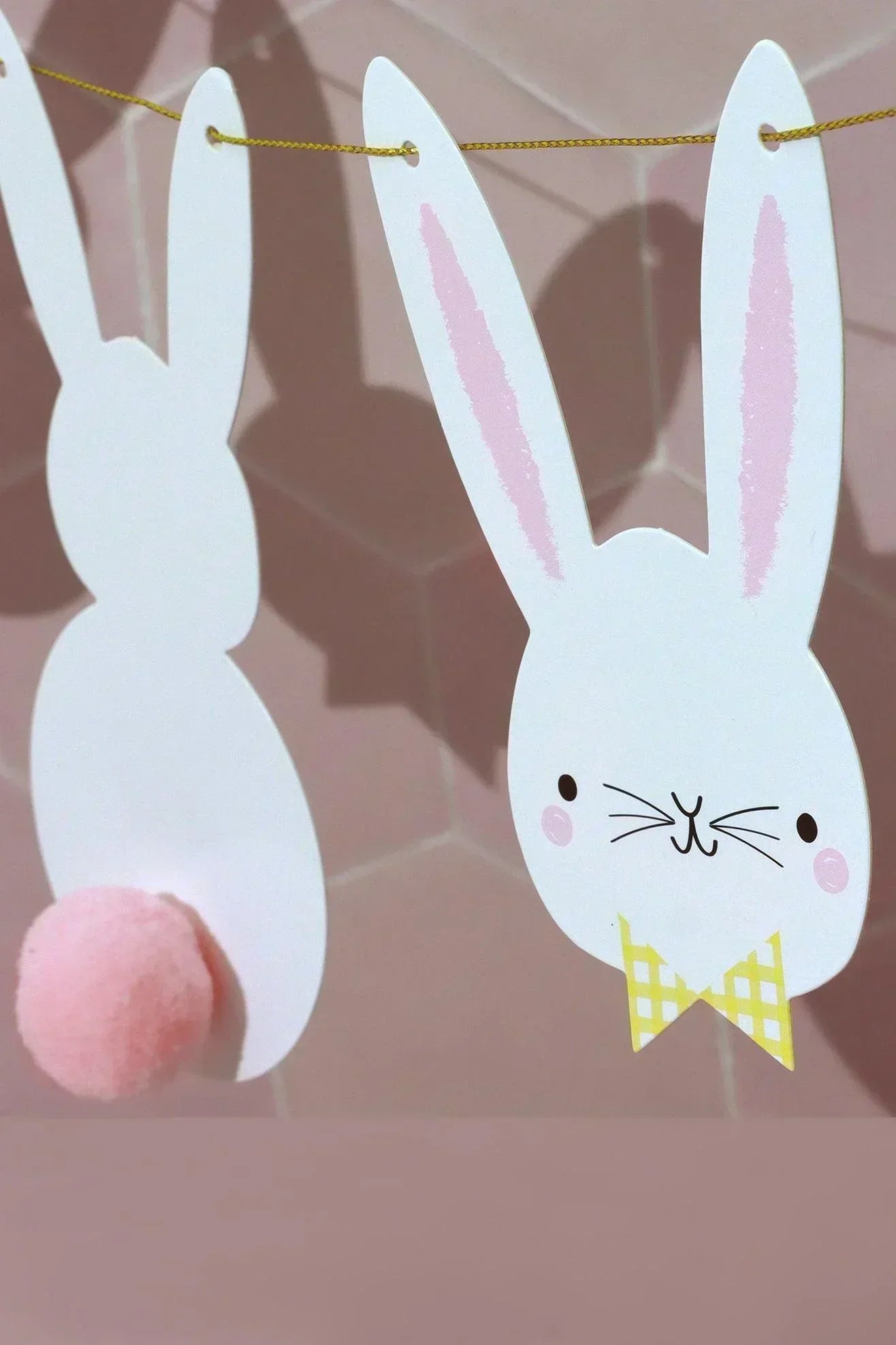 Bunny Bunting with White Rabbit Faces and Silhouettes with Pom Pom Tails - G Decor