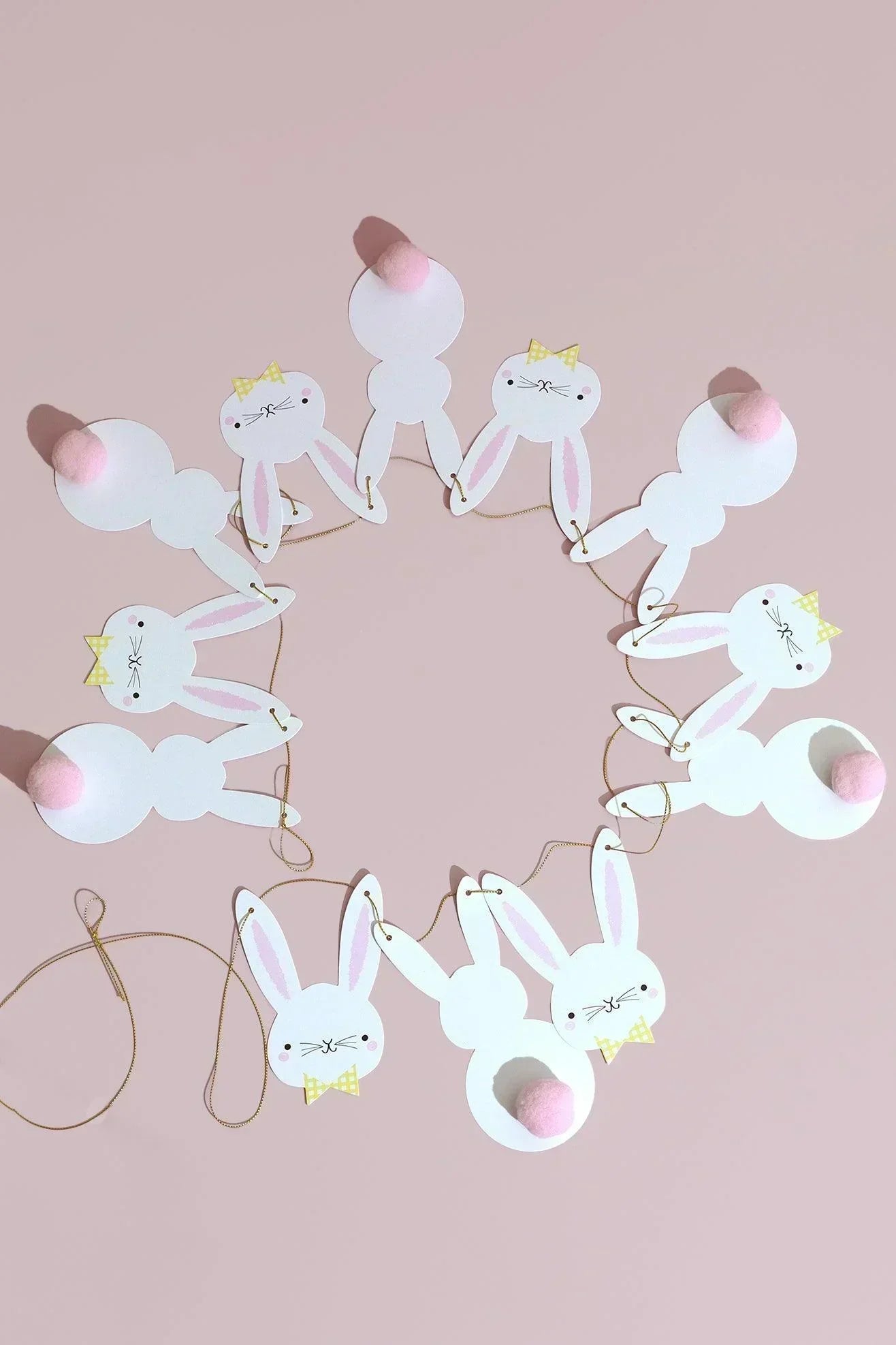 Bunny Bunting with White Rabbit Faces and Silhouettes with Pom Pom Tails - G Decor