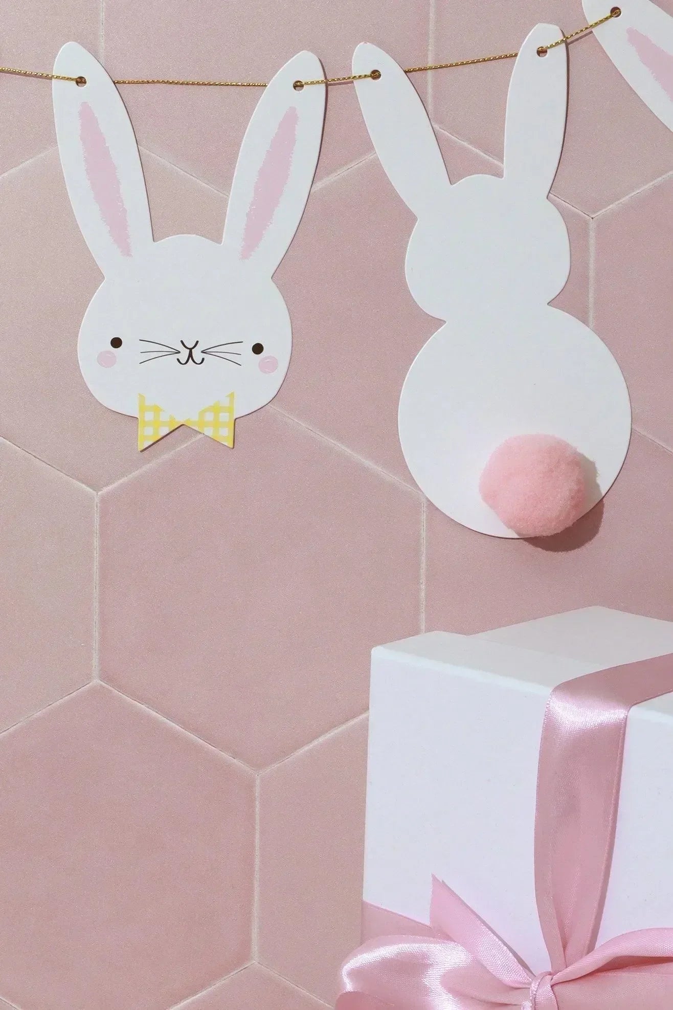 Bunny Bunting with White Rabbit Faces and Silhouettes with Pom Pom Tails - G Decor