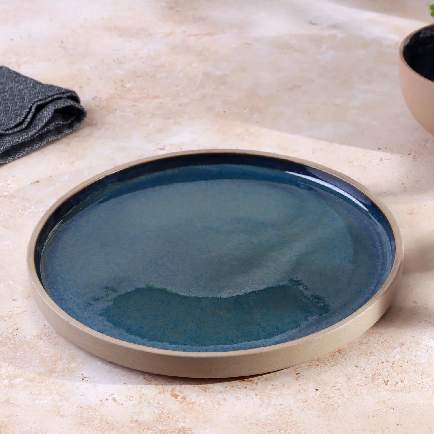 Canvara Handcrafted Stoneware Tableware Collection Contemporary Plates & Bowls in Teal and Natural Finish - G Decor