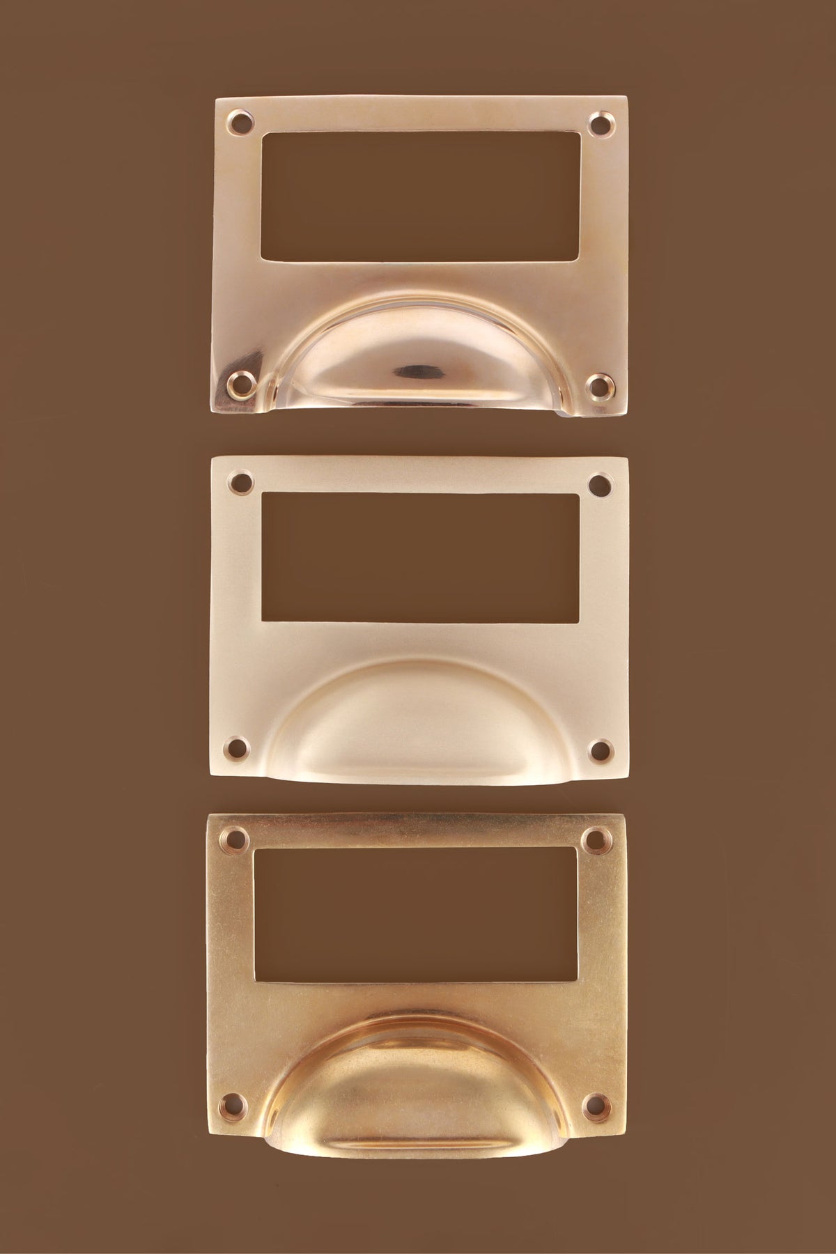 Card frame cup pull in polished, aged and satin brass, third view