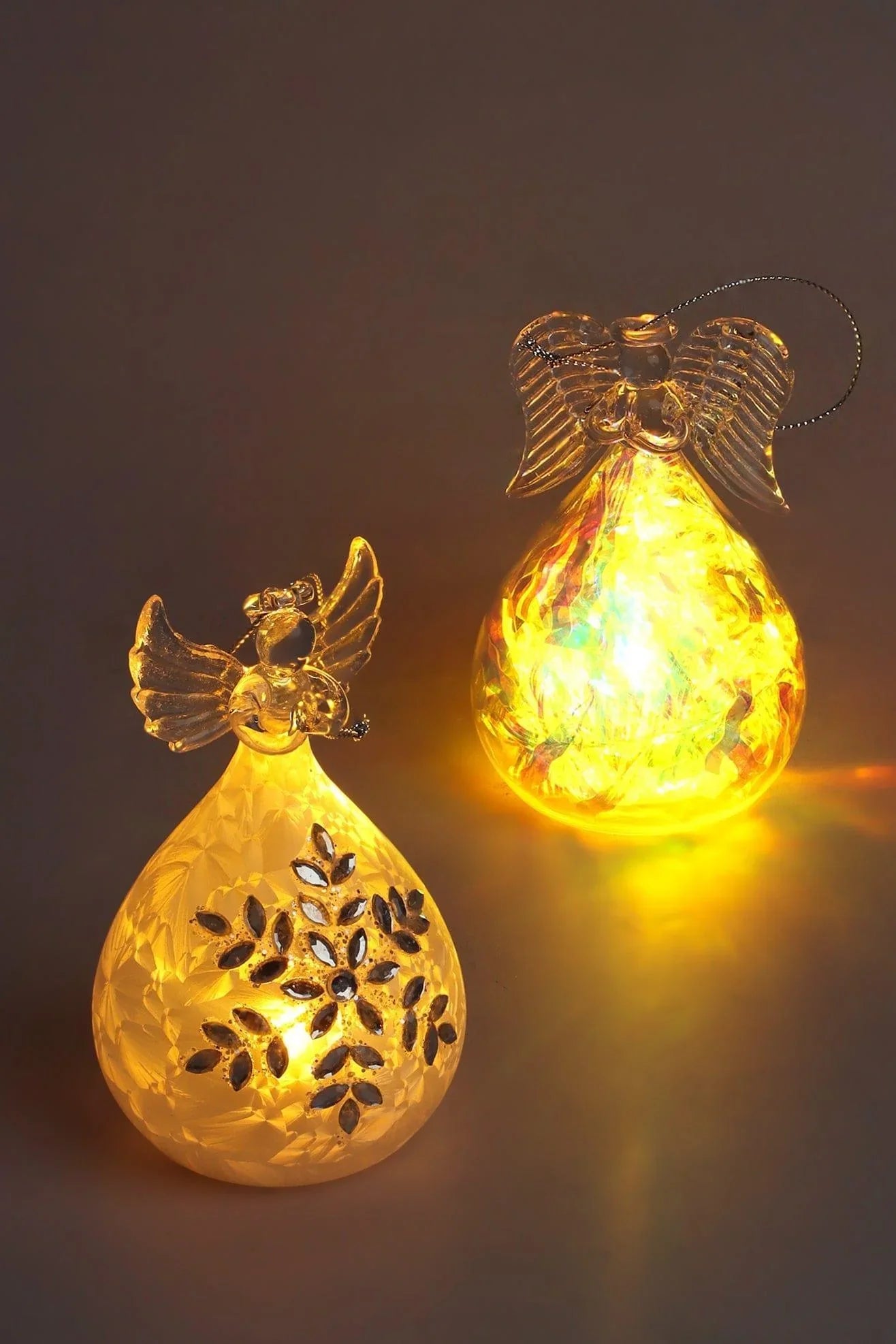 Celestia Glass Light-Up Angel Ornament in Snowflake Frost or Frosted Pearl — close-up view, G Decor
