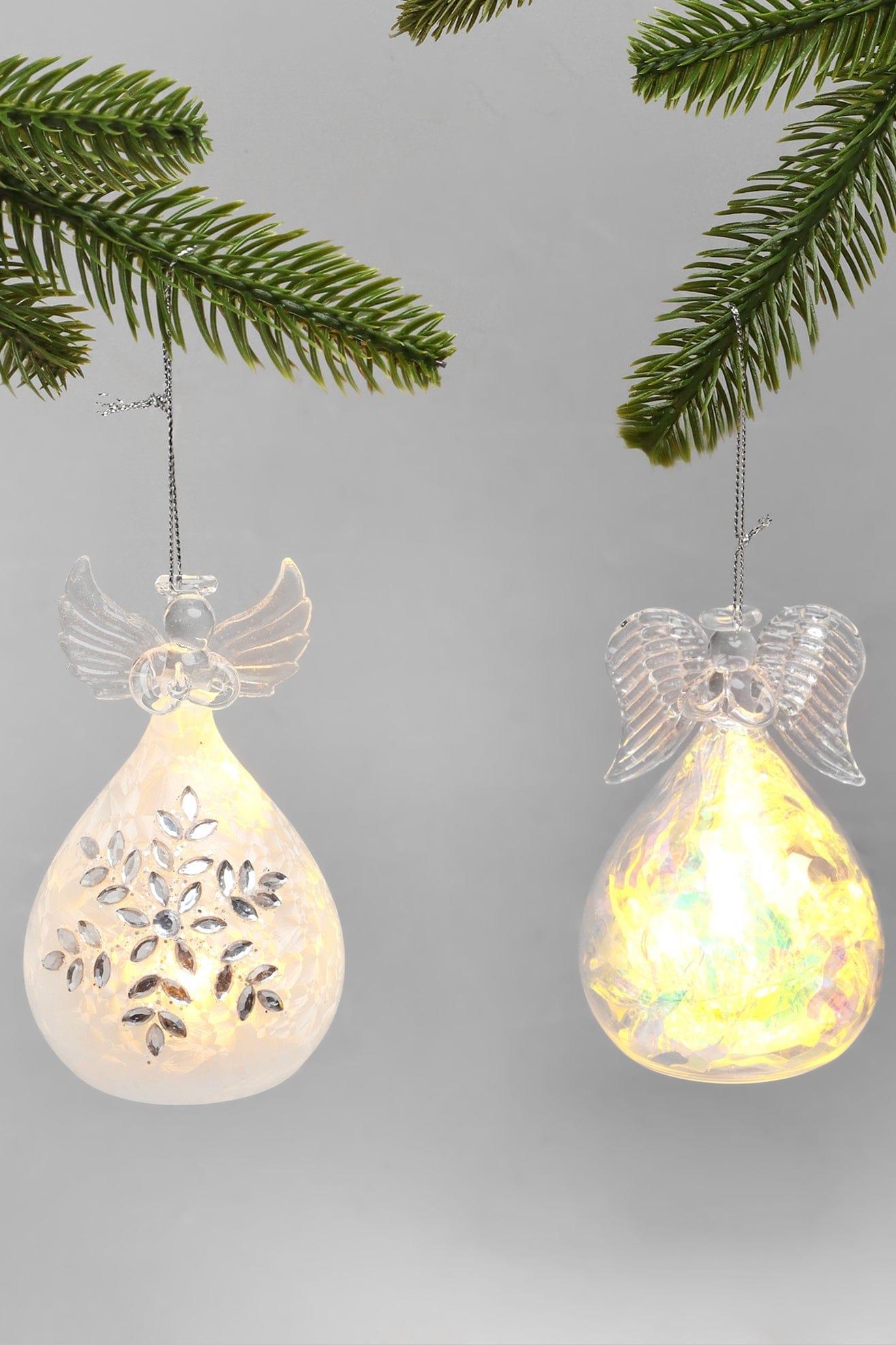 Celestia Glass Light-Up Angel Ornament Snowflake Frost & Frosted Pearl Designs - G Decor
