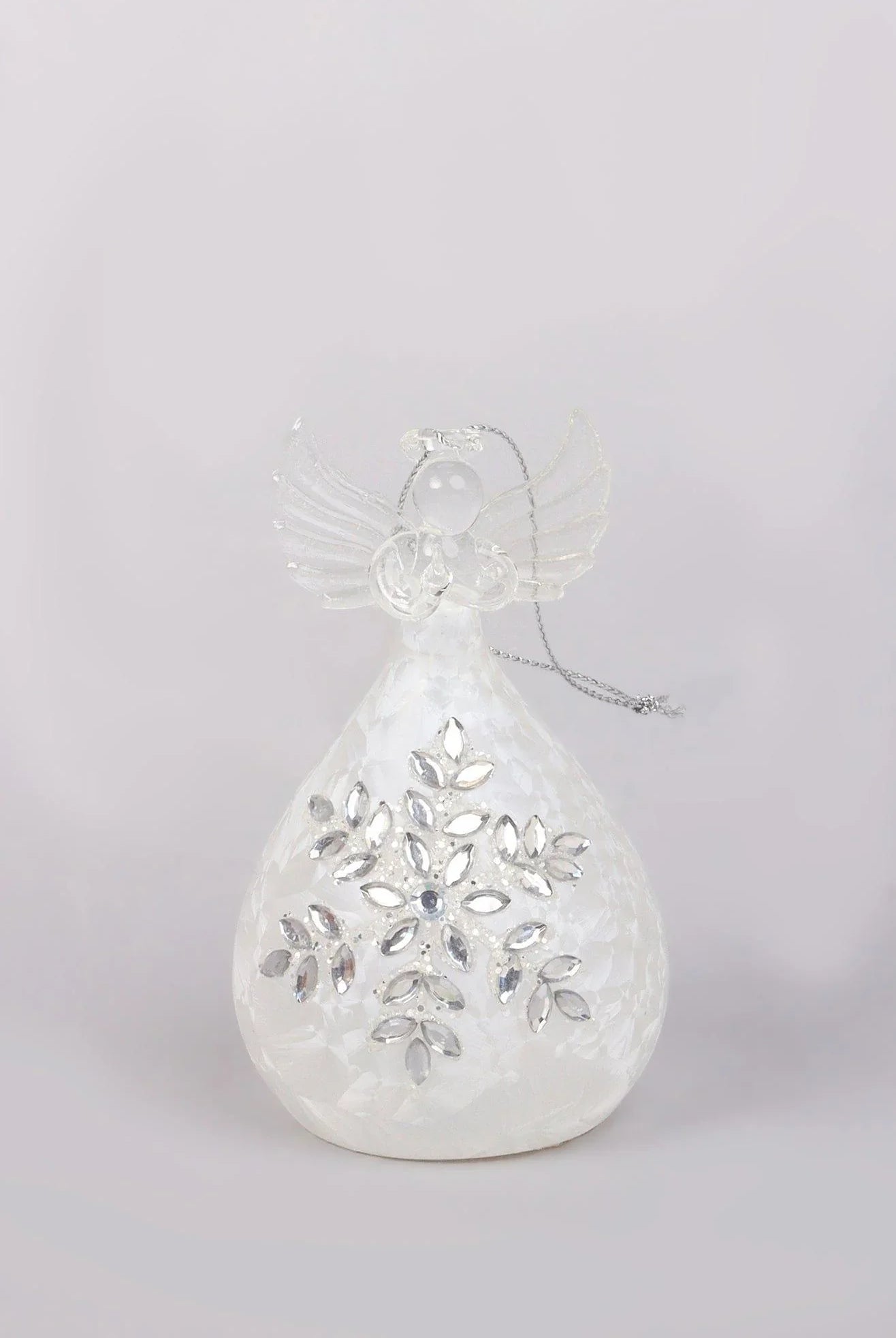 Celestia Glass Light-Up Angel Ornament Snowflake Frost & Frosted Pearl Designs - G Decor