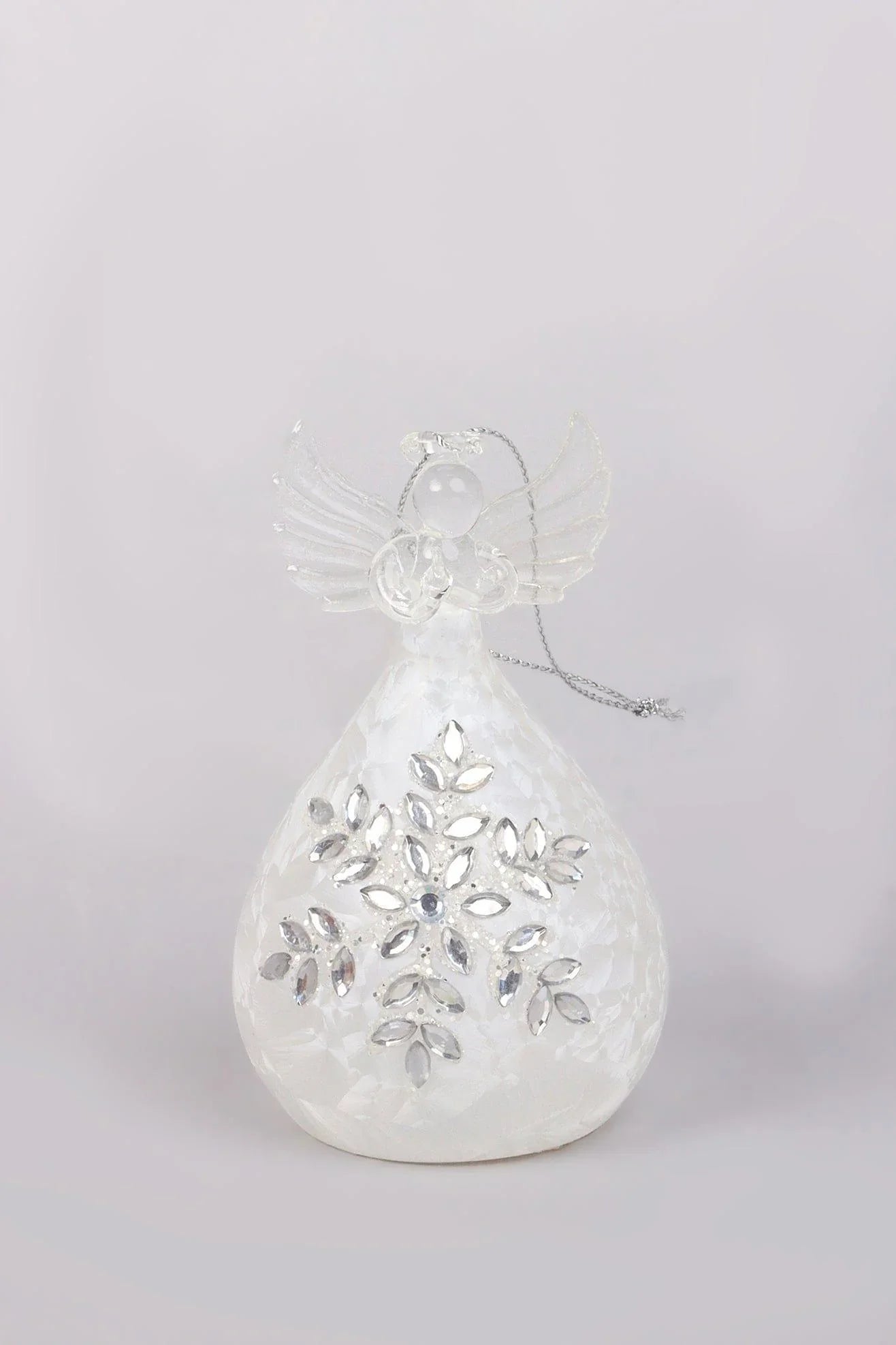 Celestia Glass Light-Up Angel Ornament in Snowflake Frost or Frosted Pearl — lifestyle view, G Decor
