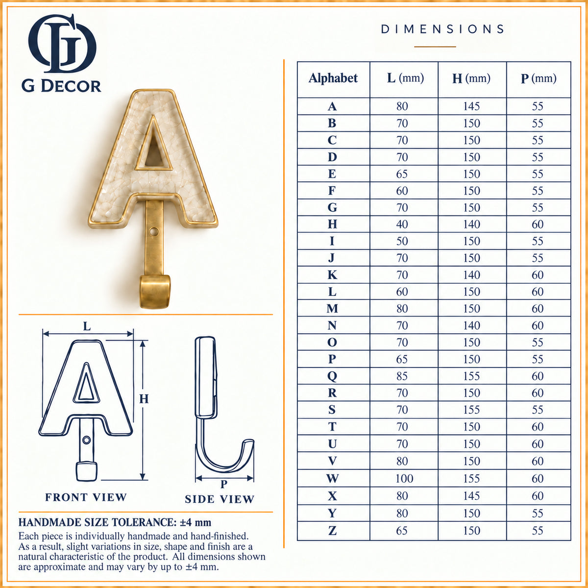 Size drawing of the ceramic letter hooks: width, height and projection for every letter A to Z