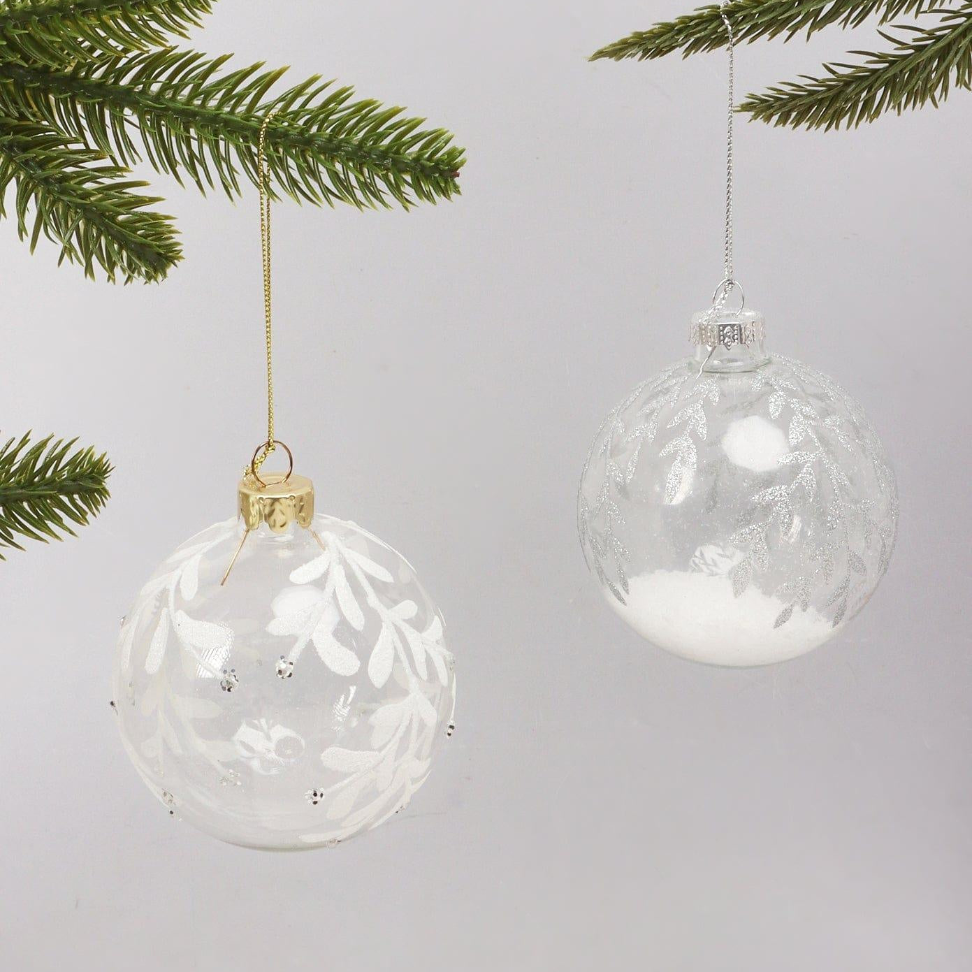 Clear Frosted Leaf Snow Garden Hand-Finished Glass Baubles White & Silver Christmas Tree Decorations - G Decor