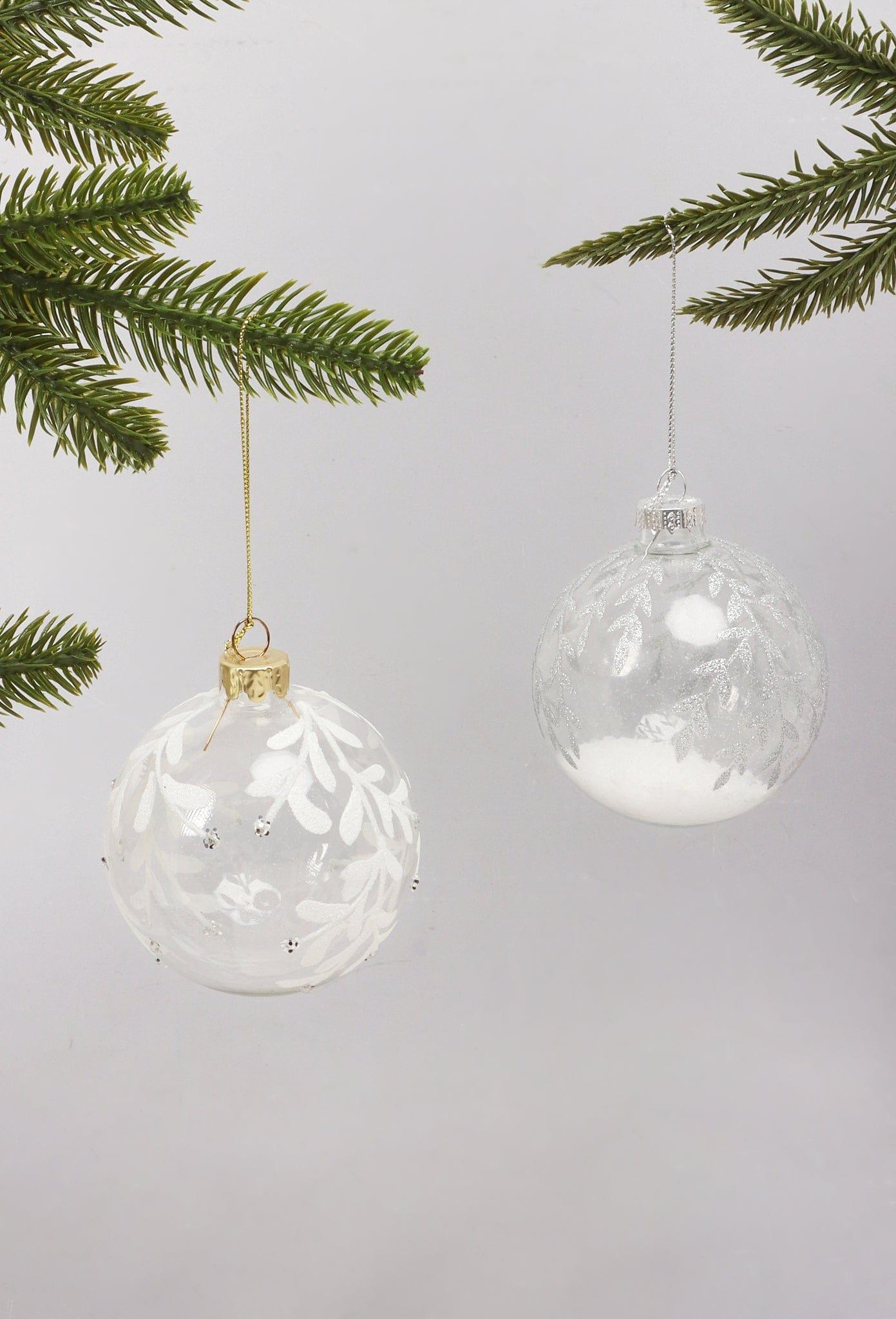 Clear Frosted Leaf Snow Garden Hand-Finished Glass Baubles White & Silver Christmas Tree Decorations - G Decor