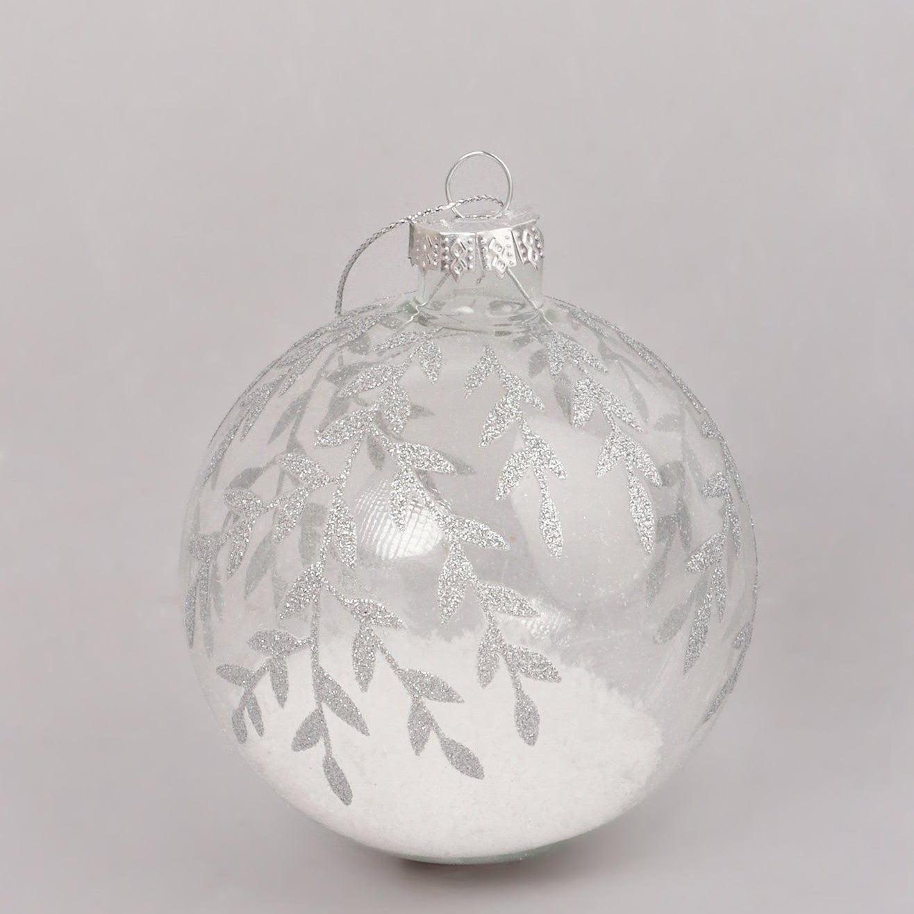 Clear Frosted Leaf Snow Garden Hand-Finished Glass Baubles White & Silver Christmas Tree Decorations - G Decor