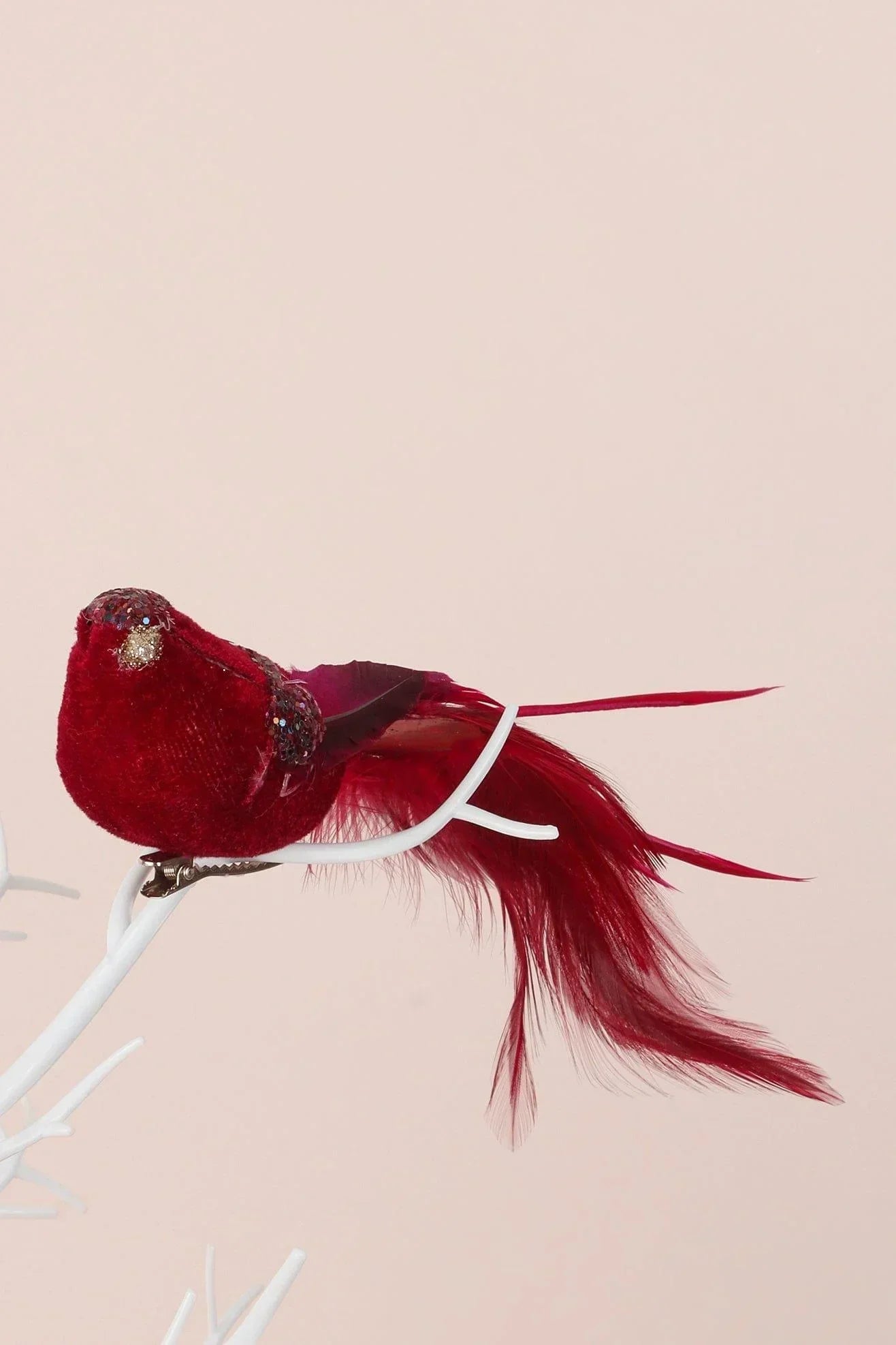 Handmade Velvet Feather Clip-On Christmas Birds in Black Red or Teal — lifestyle view, G Decor