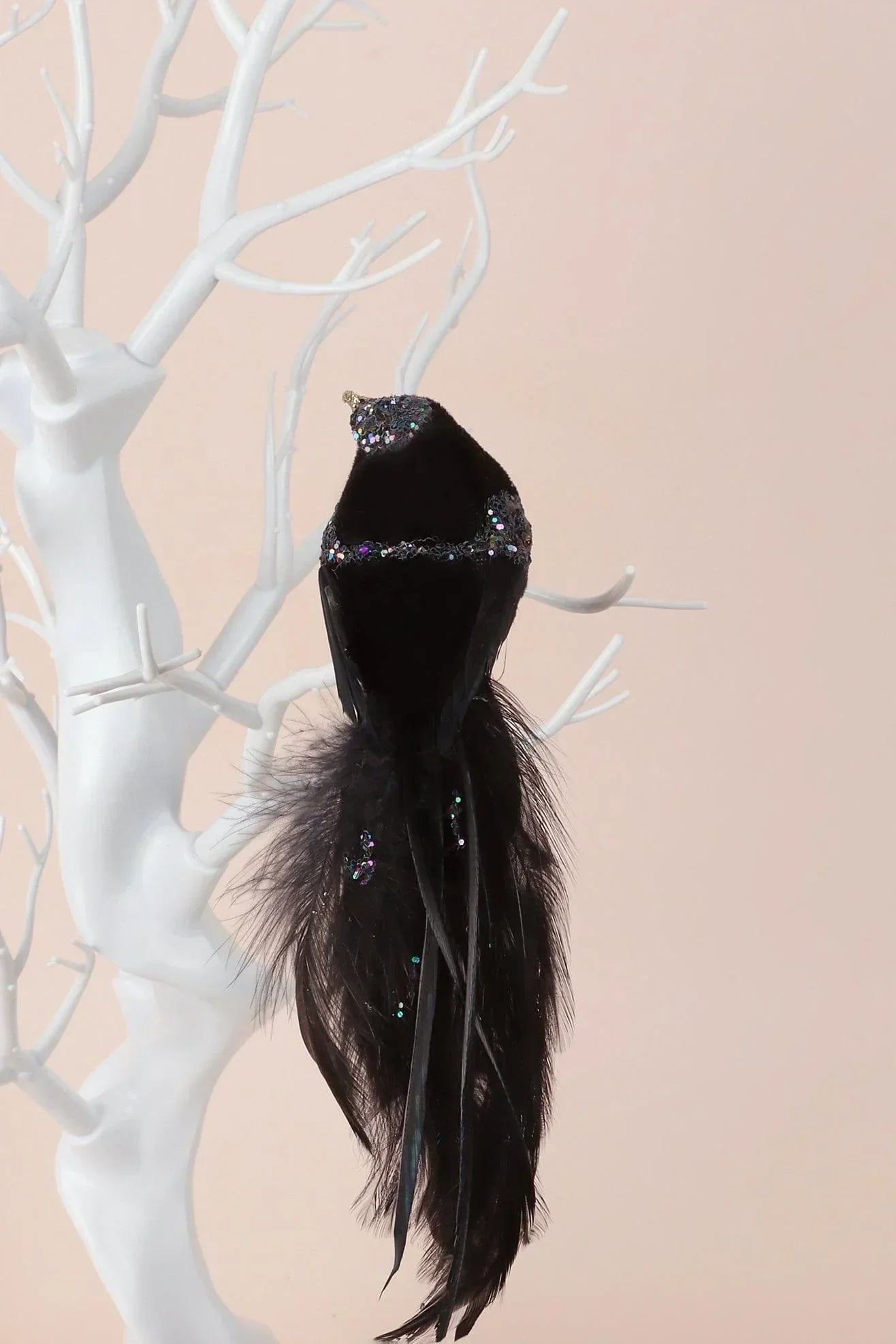 Handmade Velvet Feather Clip-On Christmas Birds in Black Red or Teal — close-up view, G Decor