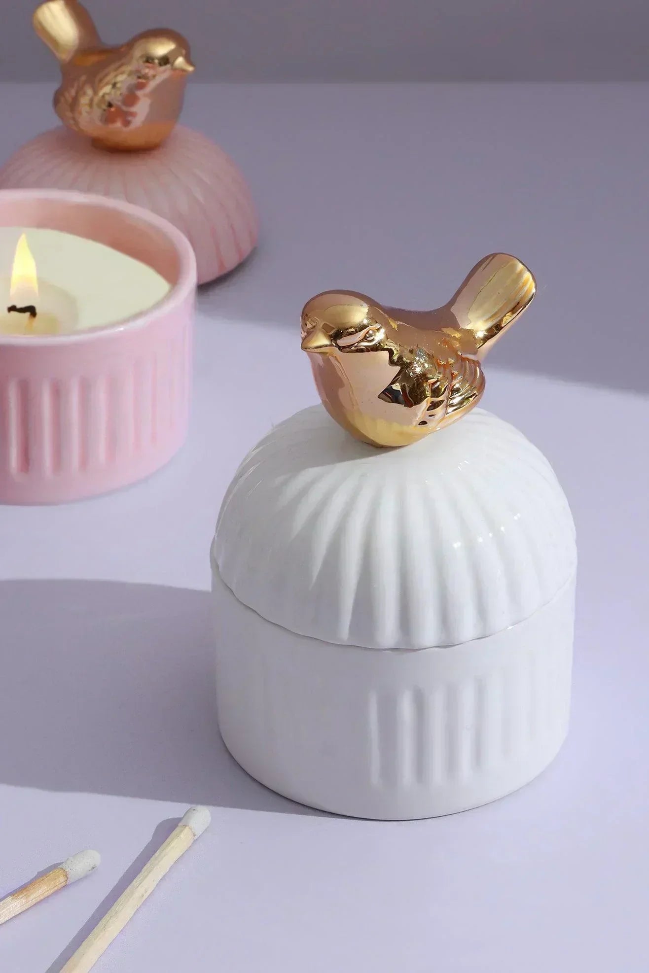 Cute Bird Soy Wax Scented Candle in Ceramic Jewellery Pot — close-up view, G Decor