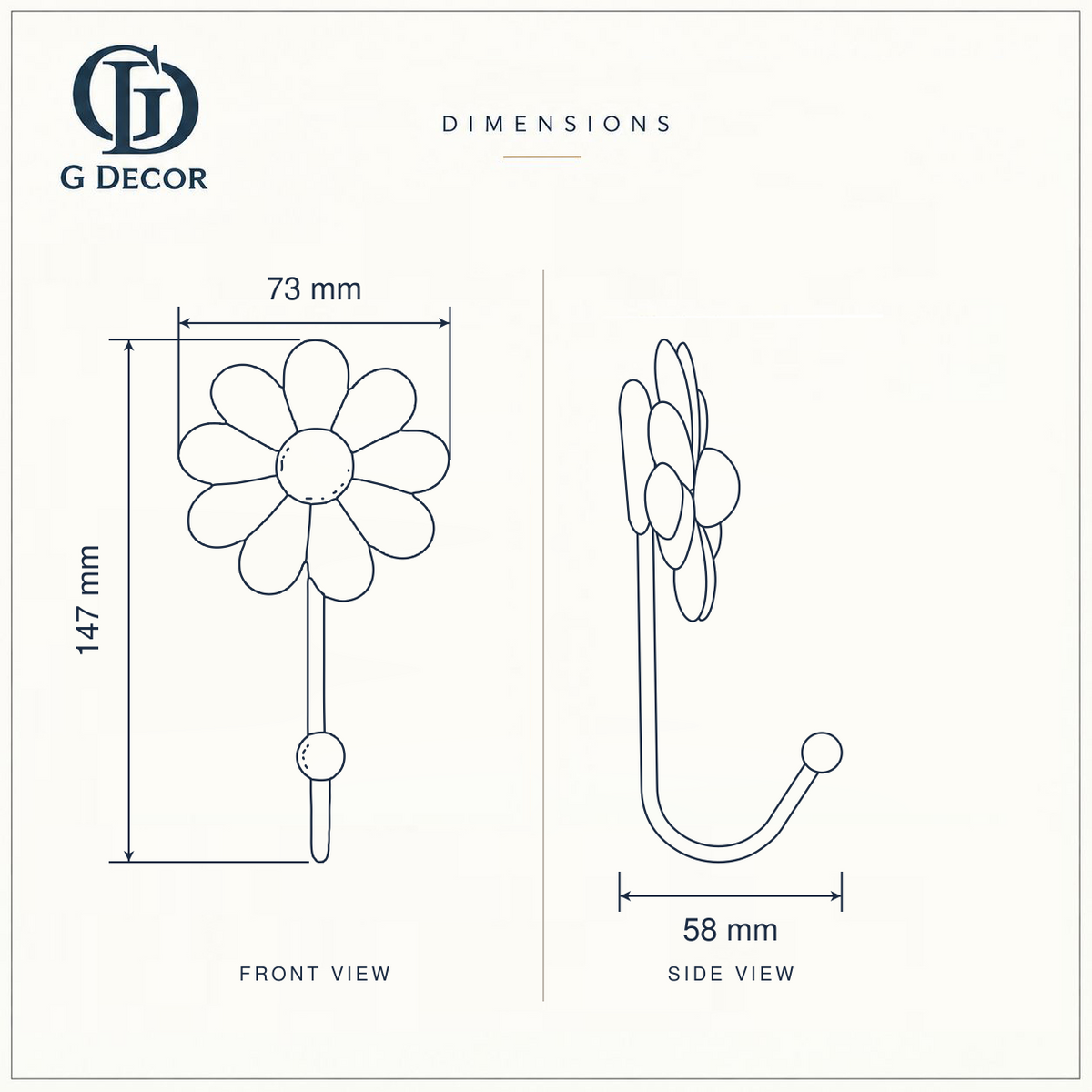 Size drawing of the ceramic daisy wall hook: 147 mm (5.79 in) tall, flower 73 mm (2.87 in) across, sticks out 58 mm (2.28 in) from the wall