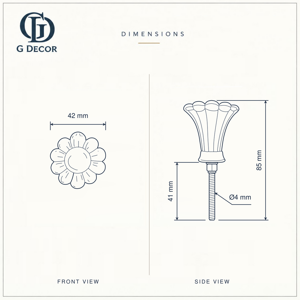 Size drawing of the daisy glass cabinet knob: 42 mm across the petals, 85 mm long overall with its 41 mm bolt, bolt 4 mm in diameter