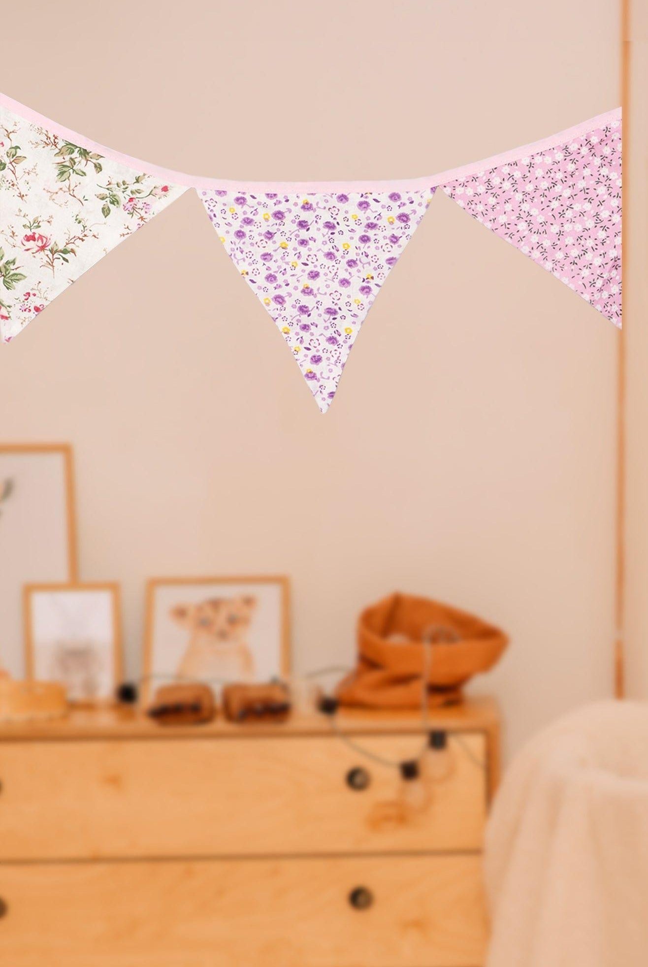 Elegant Pink and White Floral Cloth Bunting - G Decor