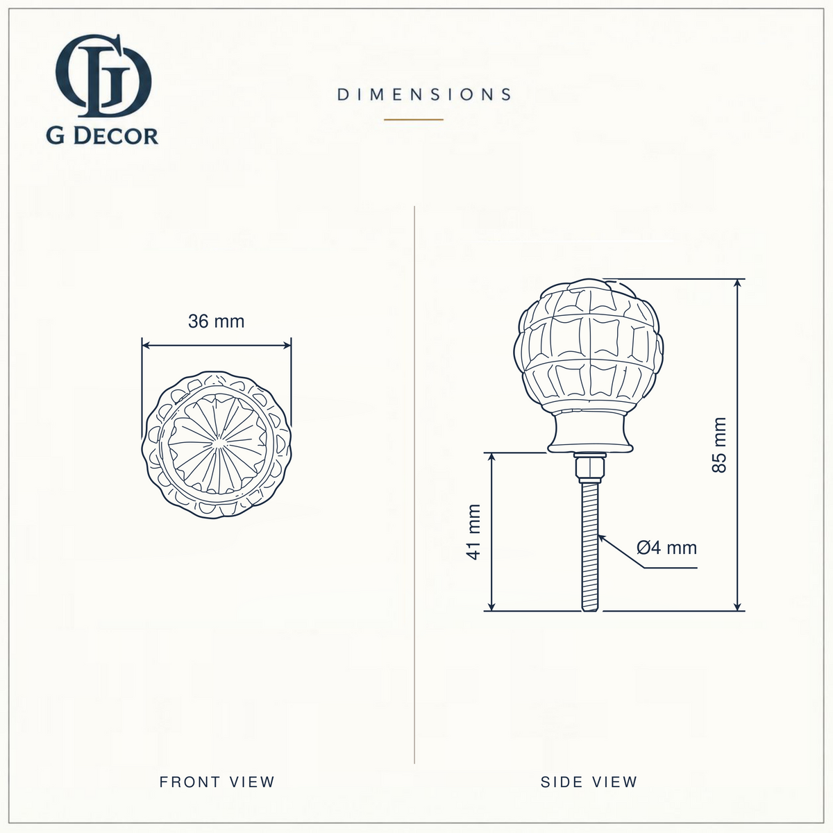 Size drawing of the faceted glass ball cabinet knob: 36 mm across, 85 mm long overall with its 41 mm bolt, bolt 4 mm in diameter
