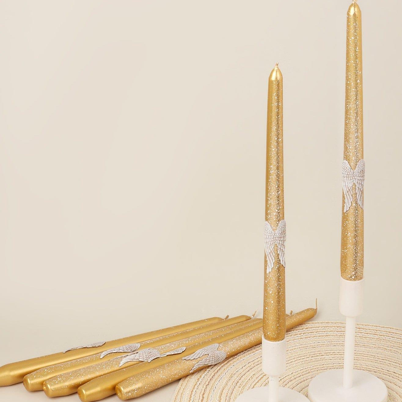 Featheré Wings Set of 2 Hand-Finished Gold Wax Dinner & Taper Candles with Sculpted Angel Wing Detail - G Decor