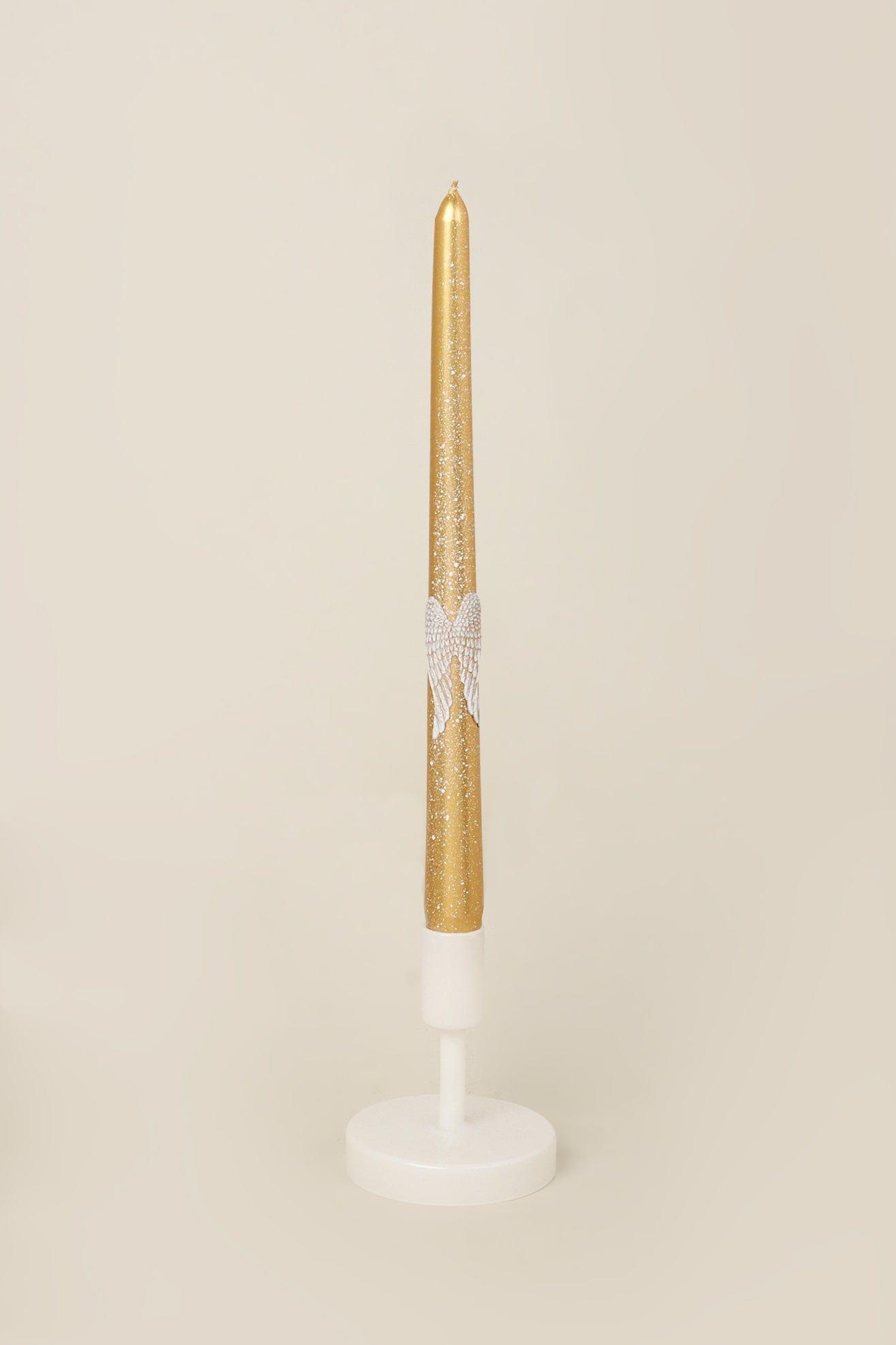 Featheré Wings Set of 2 Hand-Finished Gold Wax Dinner & Taper Candles with Sculpted Angel Wing Detail - G Decor