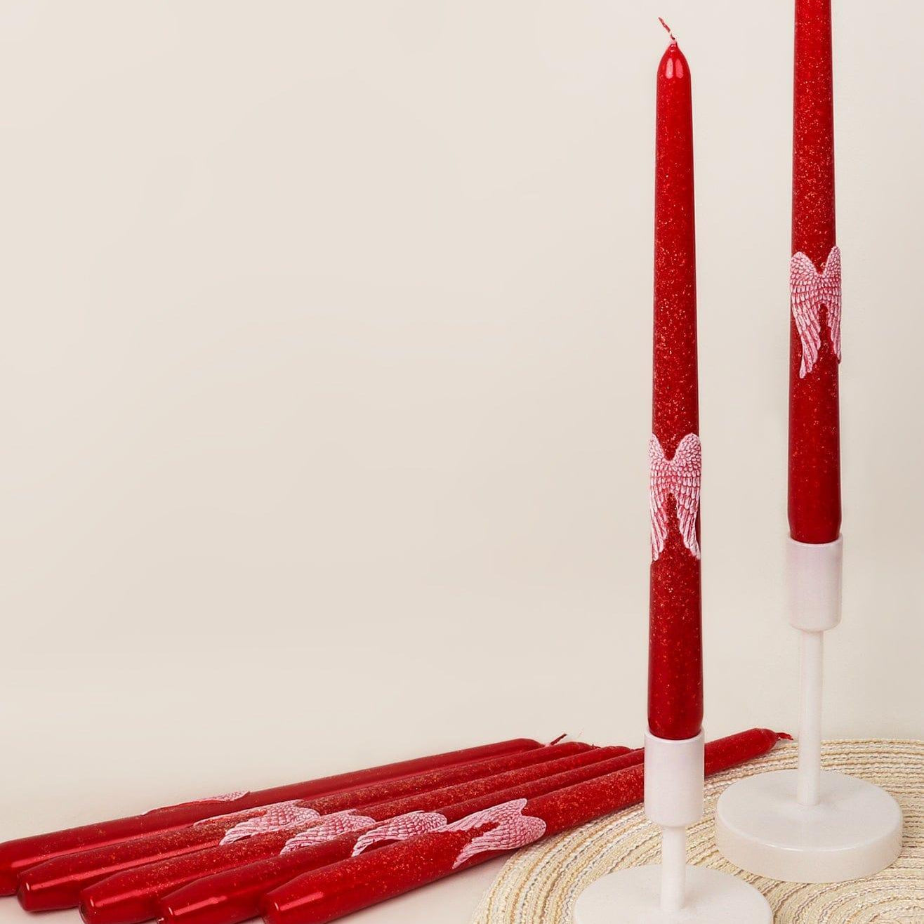 Featheré Wings Set of 2 Hand-Finished Red Wax Dinner & Taper Candles with Sculpted Angel Wing Detail - G Decor