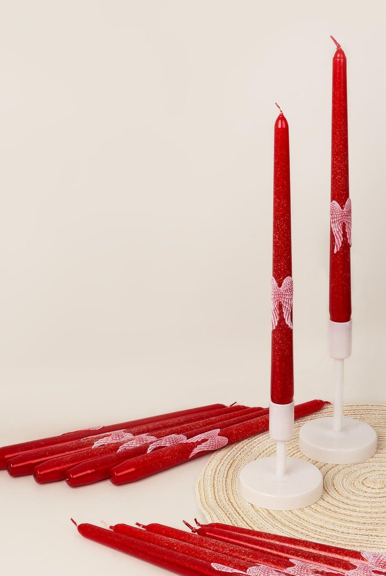 Featheré Wings Set of 2 Hand-Finished Red Wax Dinner & Taper Candles with Sculpted Angel Wing Detail - G Decor