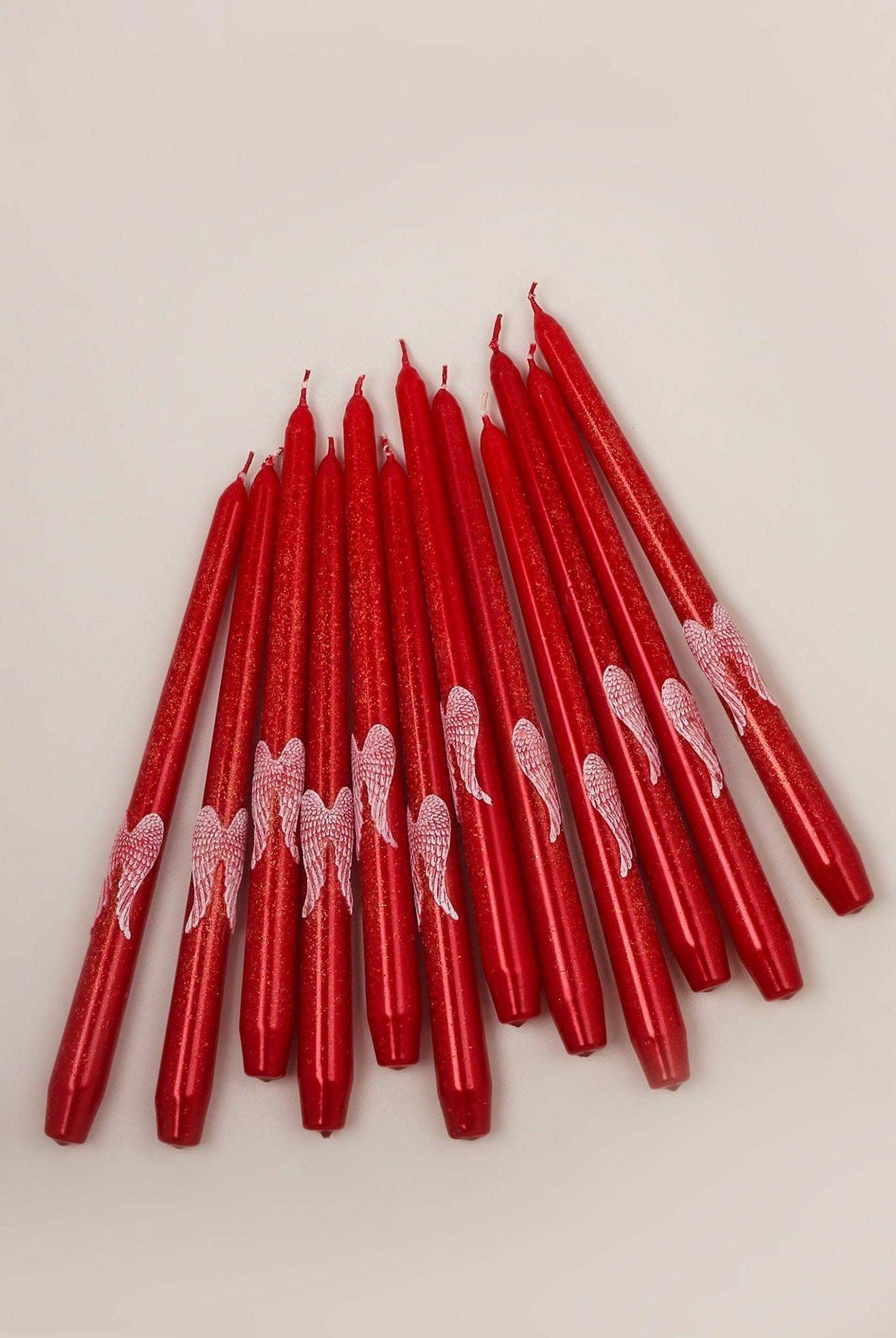 Featheré Wings Set of 2 Hand-Finished Red Wax Dinner & Taper Candles with Sculpted Angel Wing Detail - G Decor