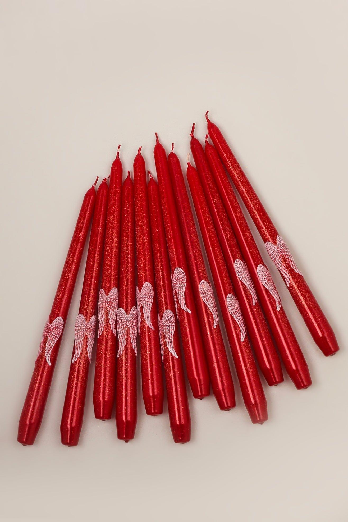 Featheré Wings Set of 2 Hand-Finished Red Wax Dinner & Taper Candles with Sculpted Angel Wing Detail - G Decor