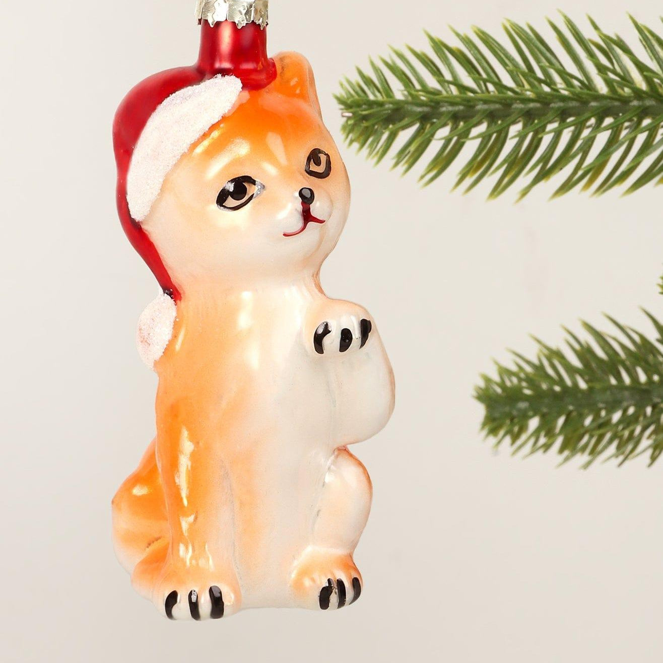 Festive Ginger Cat Hand-Blown & Hand-Painted Glass Christmas Tree Ornament Santa Hat Decoration - G Decor