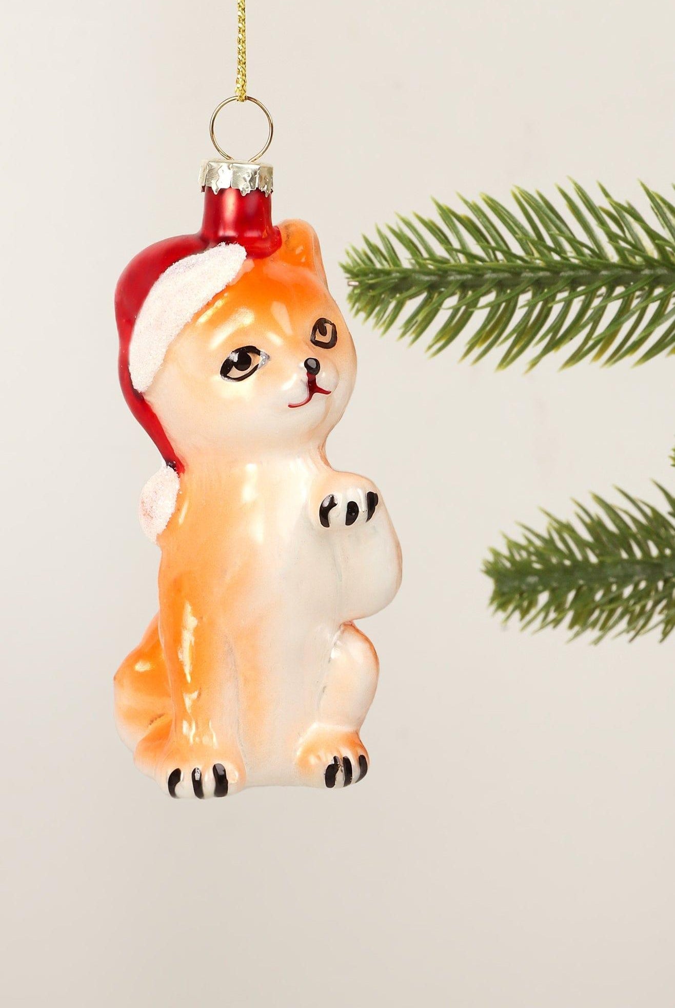 Festive Ginger Cat Hand-Blown & Hand-Painted Glass Christmas Tree Ornament Santa Hat Decoration - G Decor
