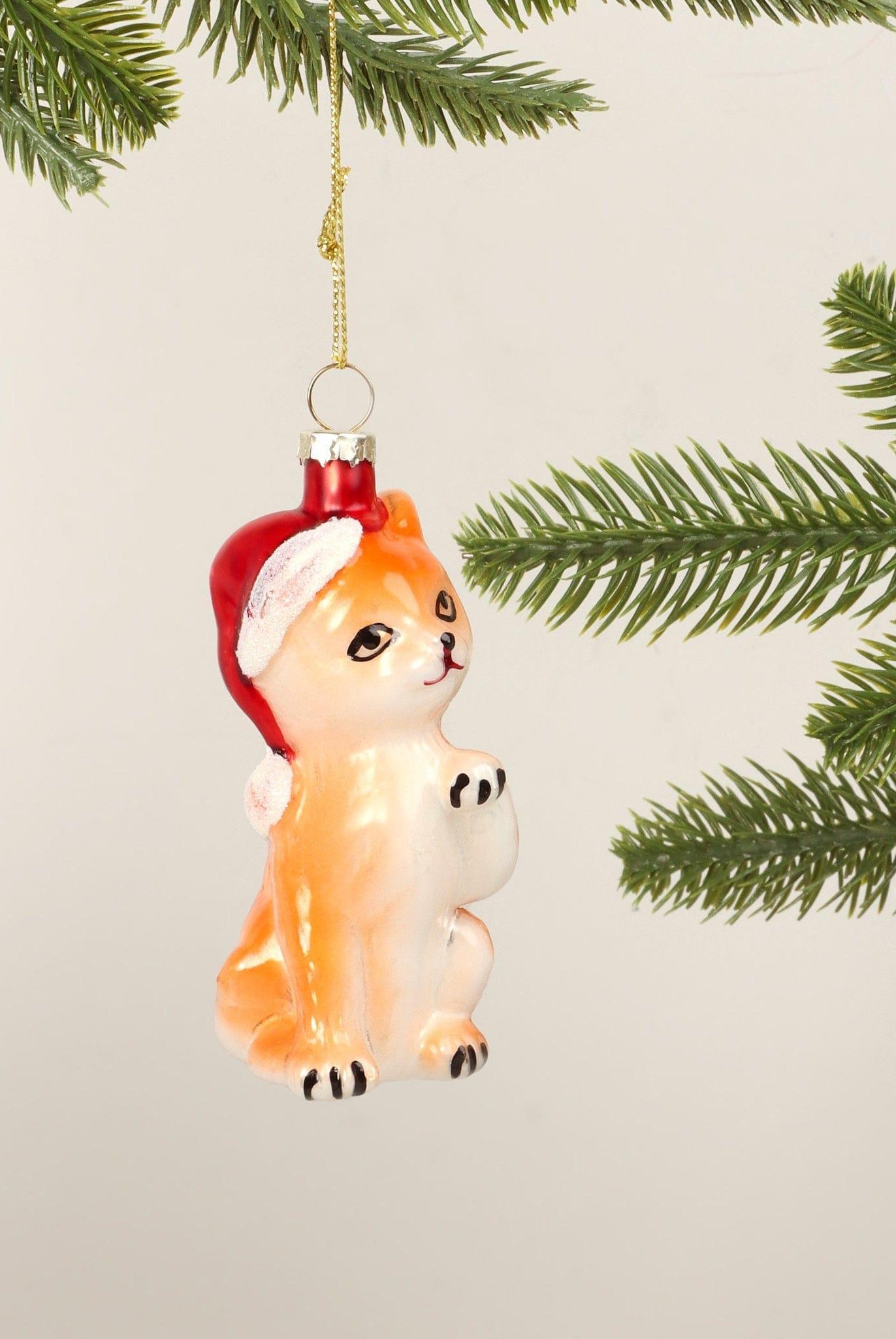 Festive Ginger Cat Hand-Blown & Hand-Painted Glass Christmas Tree Ornament Santa Hat Decoration - G Decor
