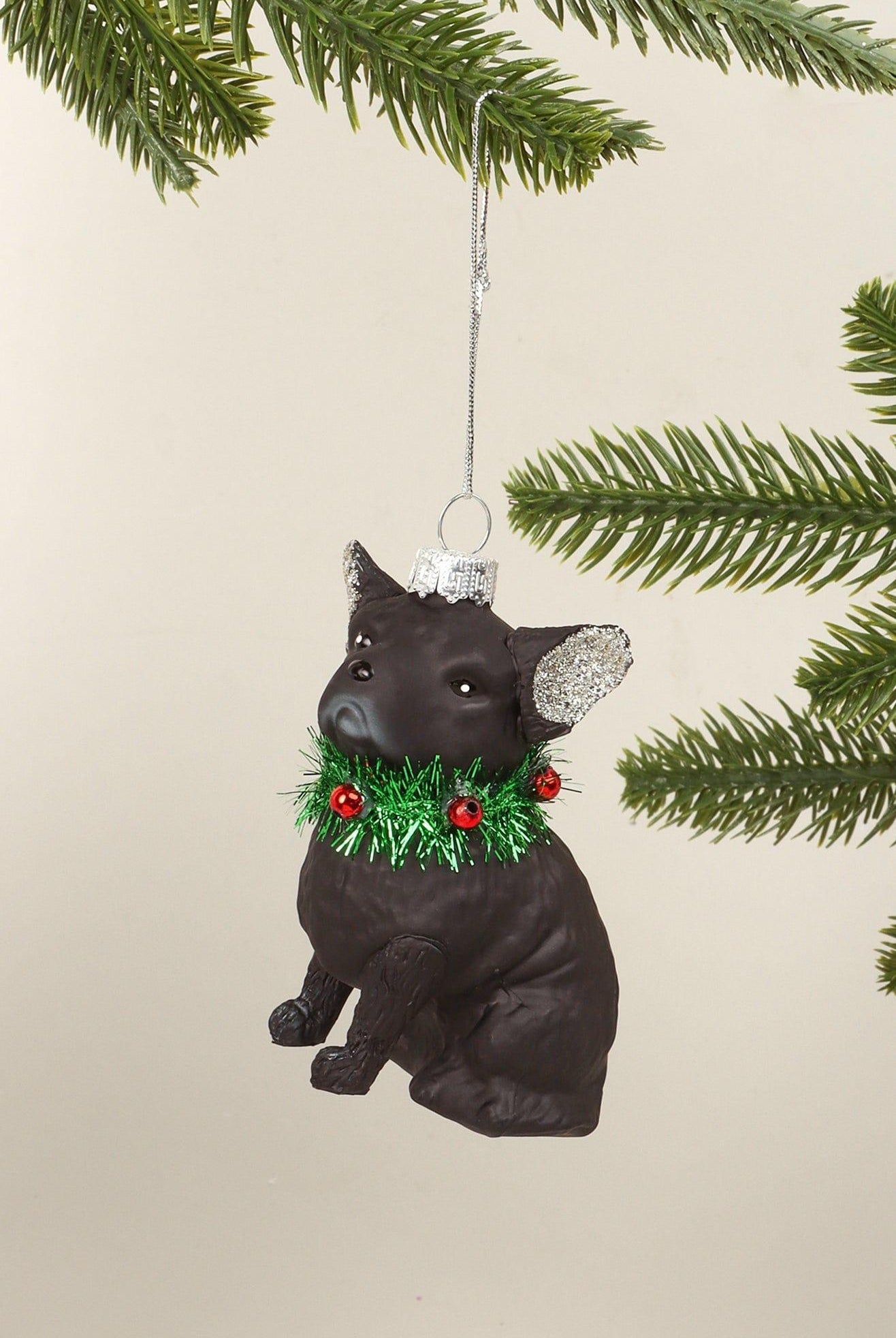 Festive Pup Black Dog Glass Hand-Finished Christmas Ornament Glitter Ears & Jingle Bell Collar Hanging Decoration - G Decor