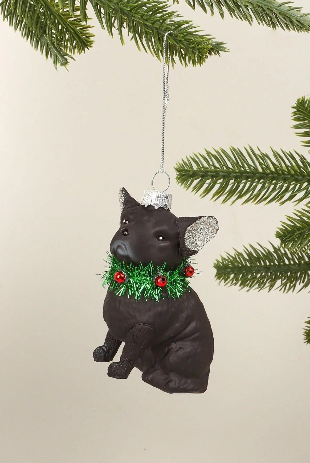 Festive Pup Black Dog Glass Hand-Finished Christmas Ornament Glitter Ears & Jingle Bell Collar Hanging Decoration - G Decor