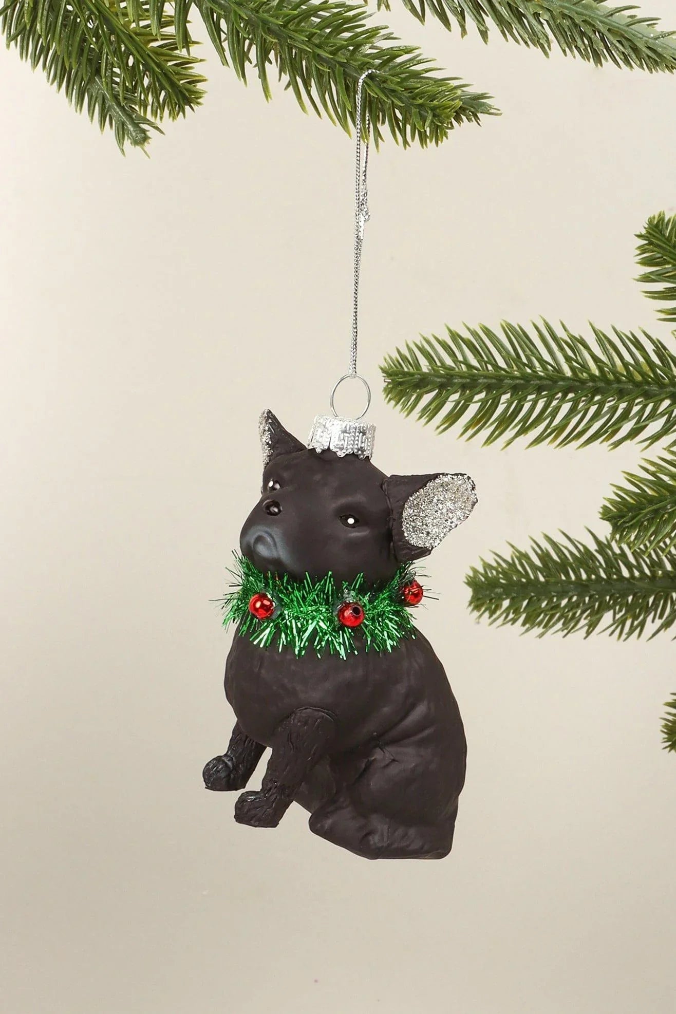 Festive Black Dog Glass Christmas Ornament with Glitter Ears and Jingle Bell — alternate view, G Decor