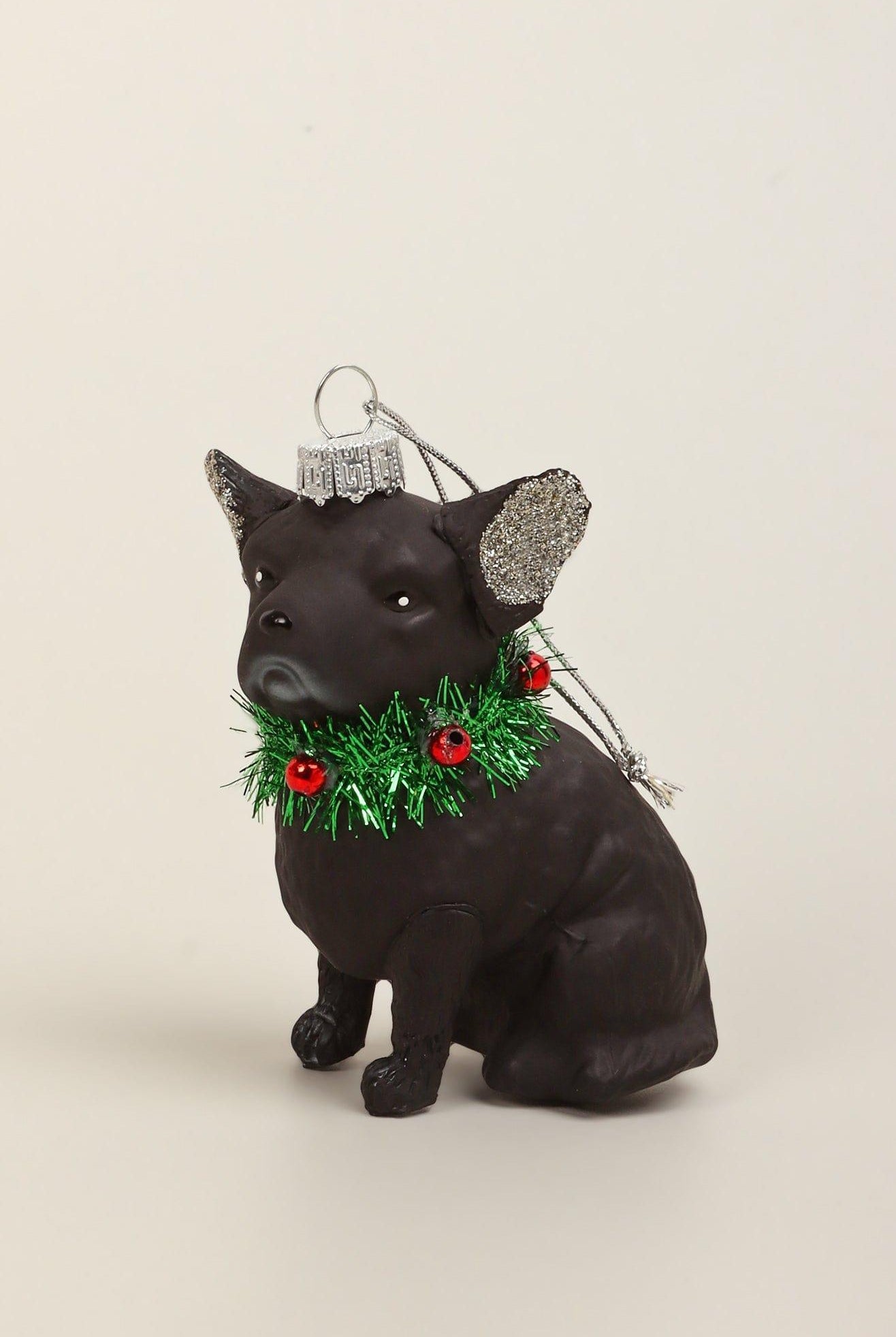 Festive Pup Black Dog Glass Hand-Finished Christmas Ornament Glitter Ears & Jingle Bell Collar Hanging Decoration - G Decor