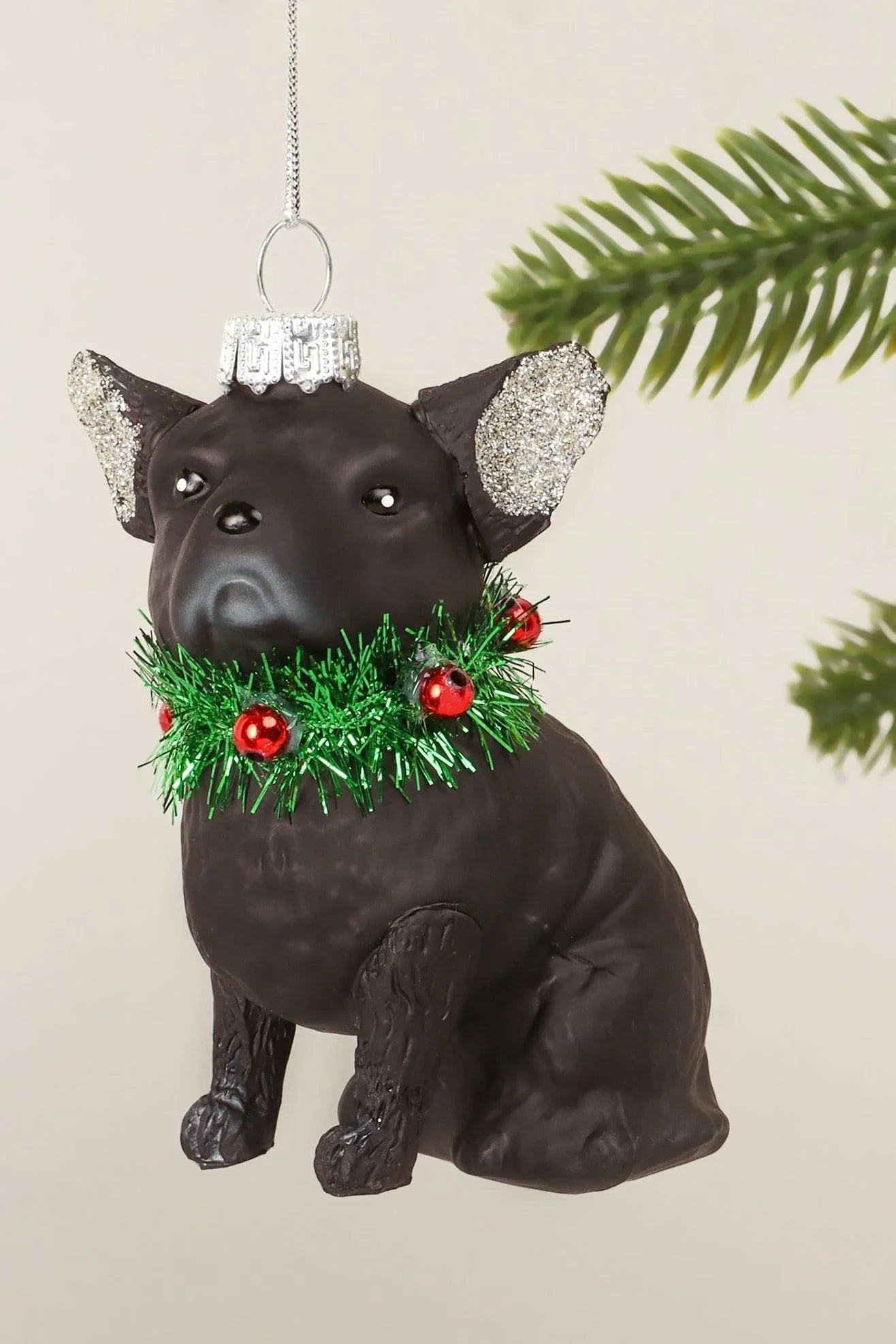 festive-pup-black-dog-glass-hand-finished-christmas-ornament-glitter-ears-and-jingle-bell-collar-hanging-decoration-g-decor-93065 - G Decor