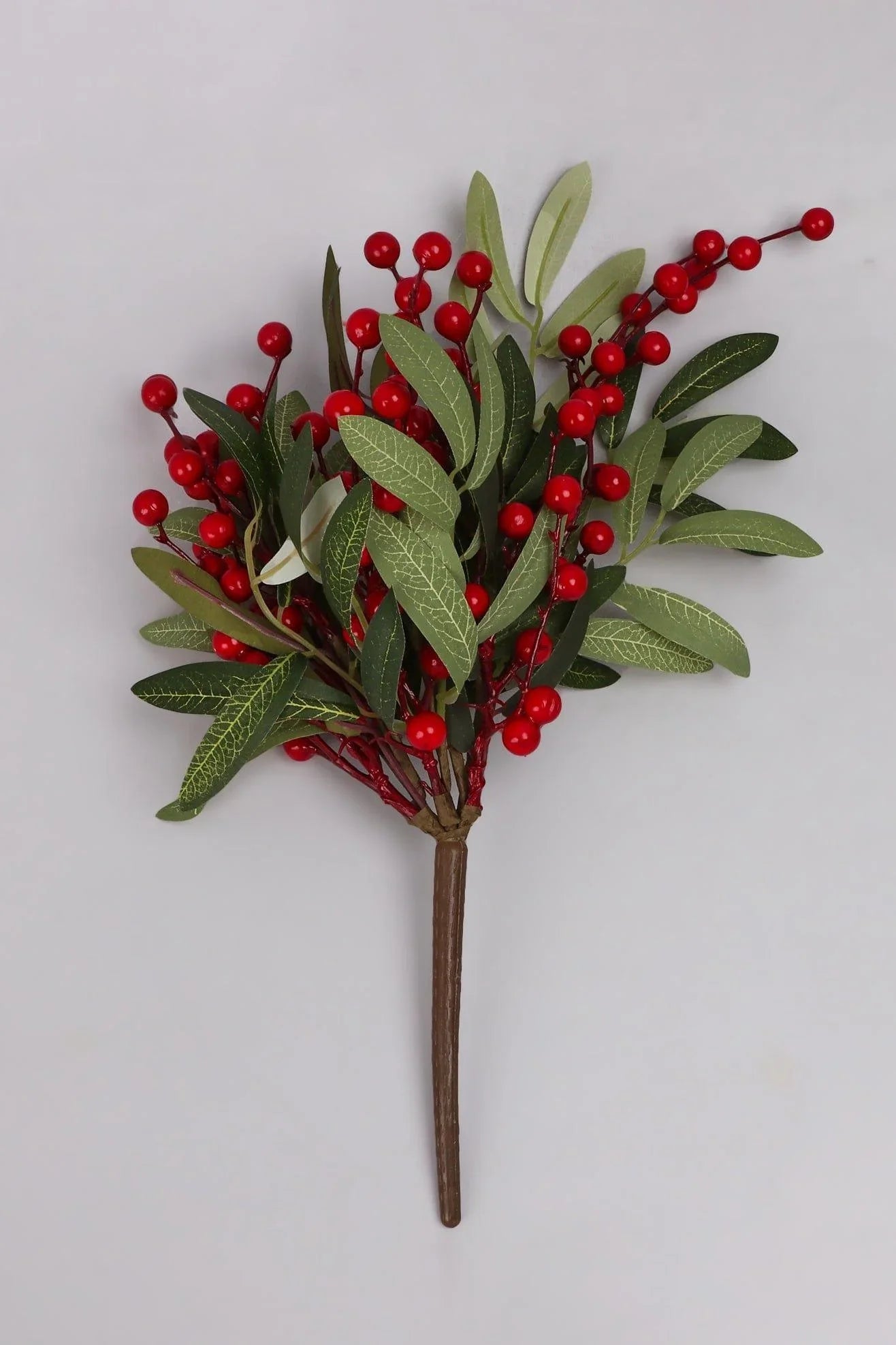 Festive Hand-Finished Red Holly Branch with Berries — close-up view, G Decor