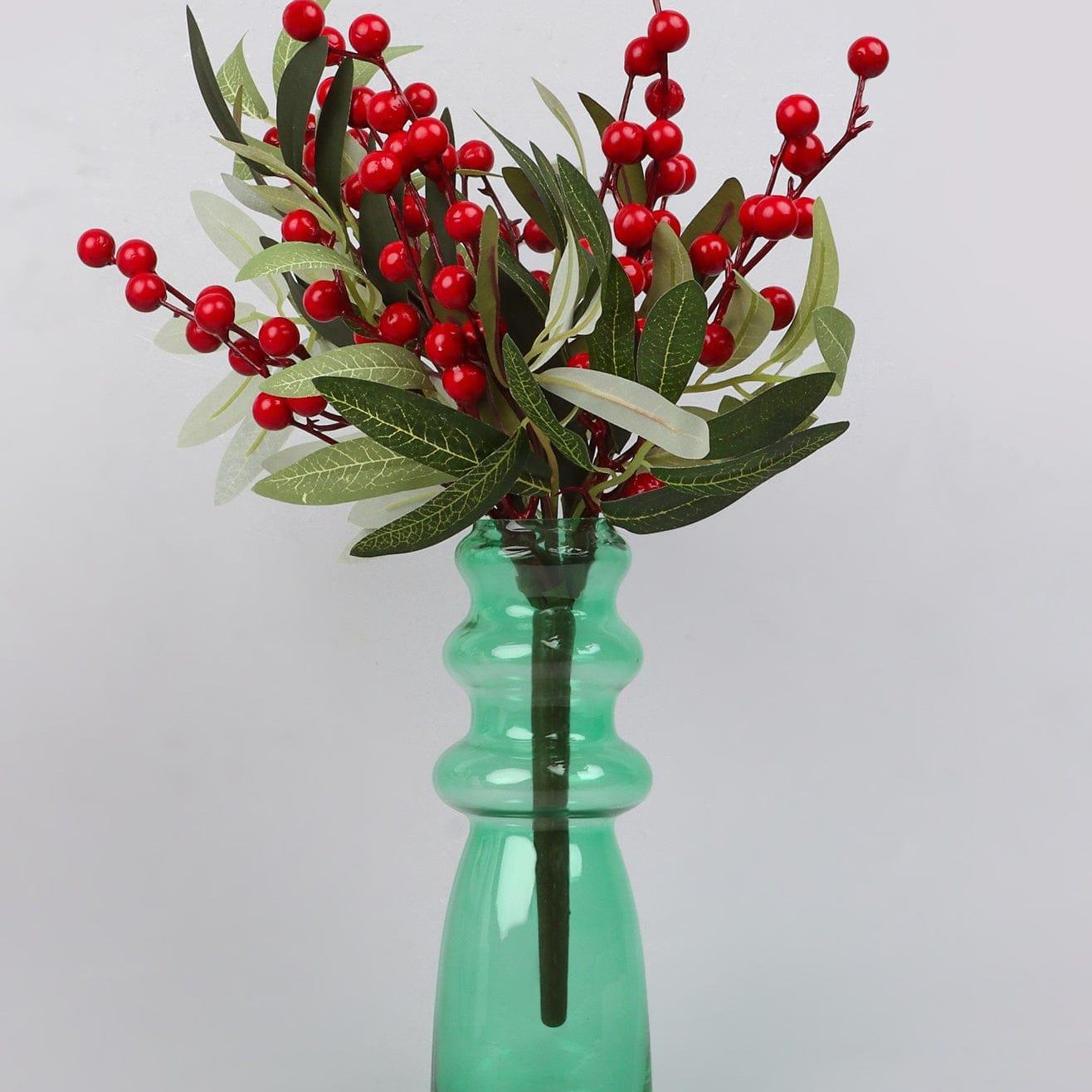 Festive Red Holly Hand-Finished Green Leaf Christmas Branch & Stem Berries Decoration - G Decor