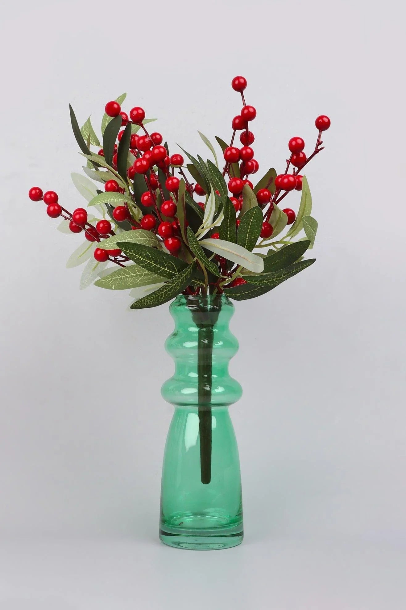 festive-red-holly-hand-finished-green-leaf-christmas-branch-and-stem-berries-decoration-g-decor-83521 - G Decor