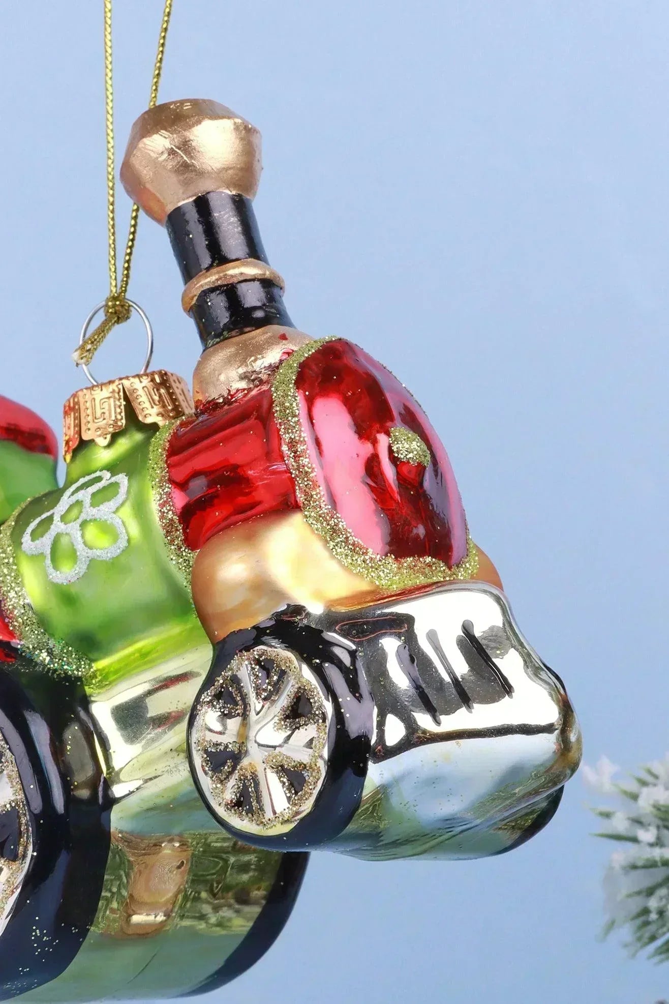 North Pole Polar Express Train Hand-Painted Glass Christmas Bauble — lifestyle view, G Decor