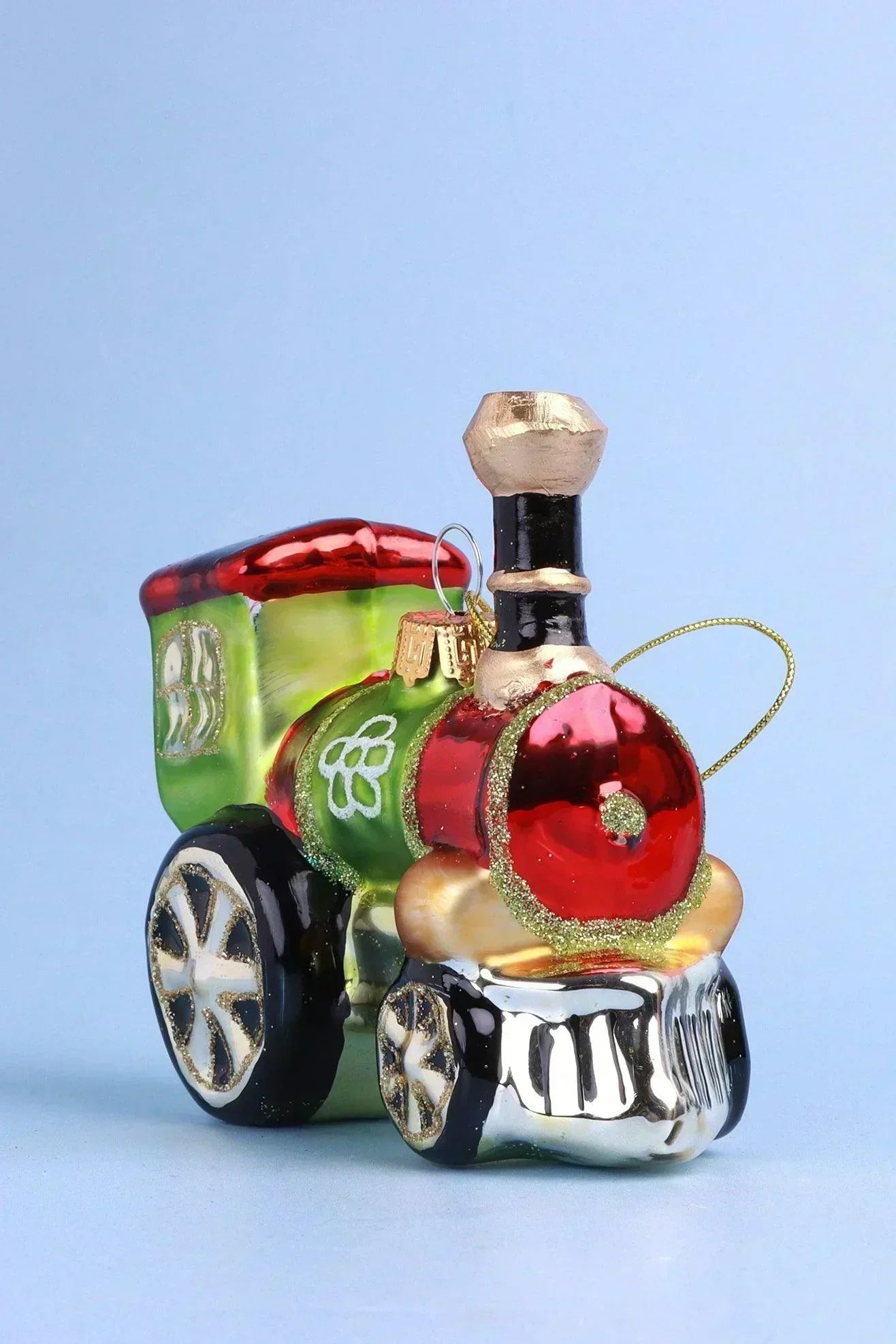 North Pole Polar Express Train Hand-Painted Glass Christmas Bauble — close-up view, G Decor