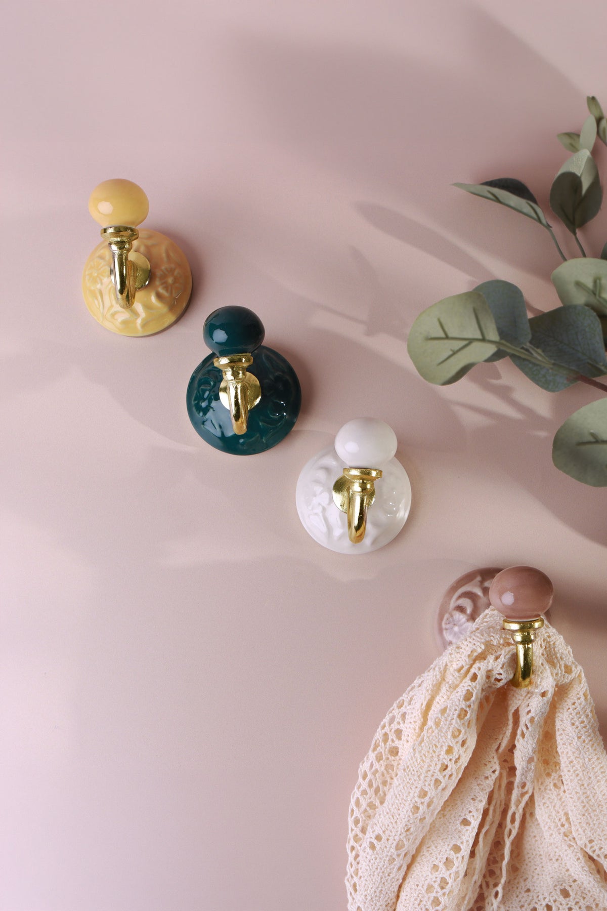 Floral ceramic wall hooks with brass hooks, second view