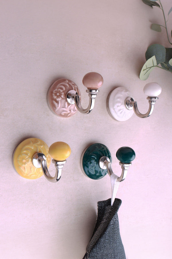 Floral Ceramic Wall Hook with Chrome Hook, Embossed Coat Hook in Cream, Yellow, Green or Pink