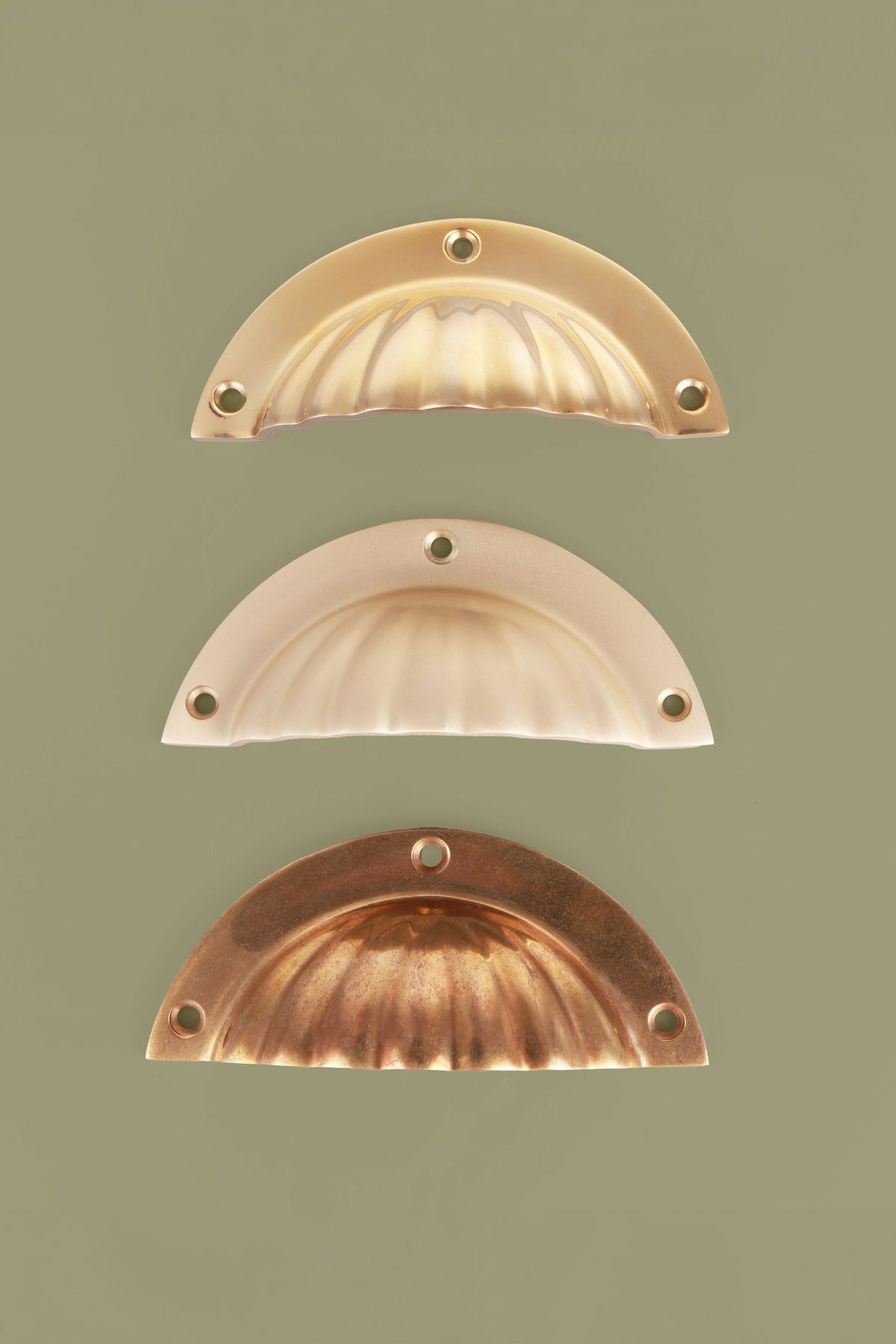 Fluted cup pull in polished, aged and satin brass, third view