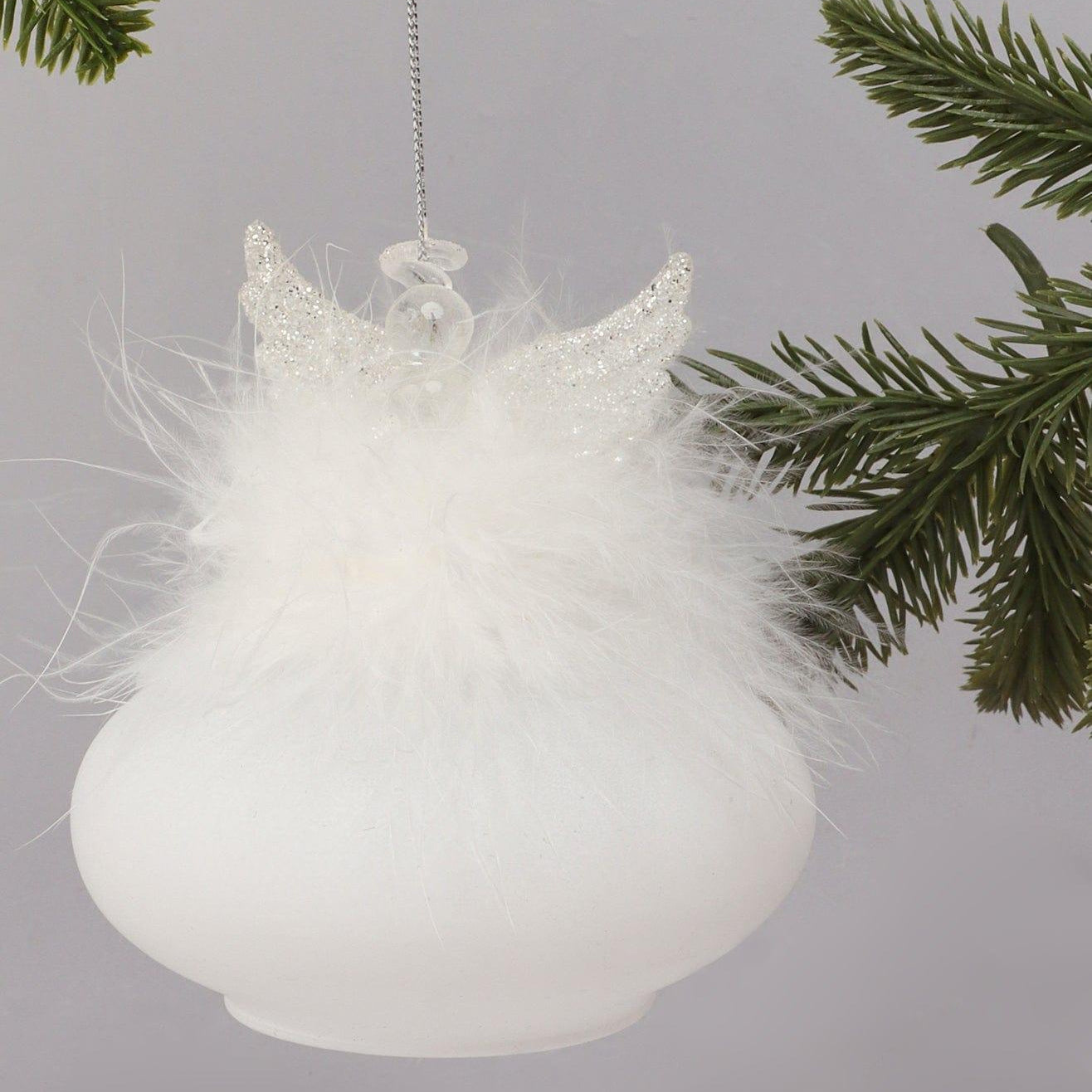 Frost Angel Glass & Feather Christmas Tree Decoration Hanging Angel Bauble Ornament - G Decor