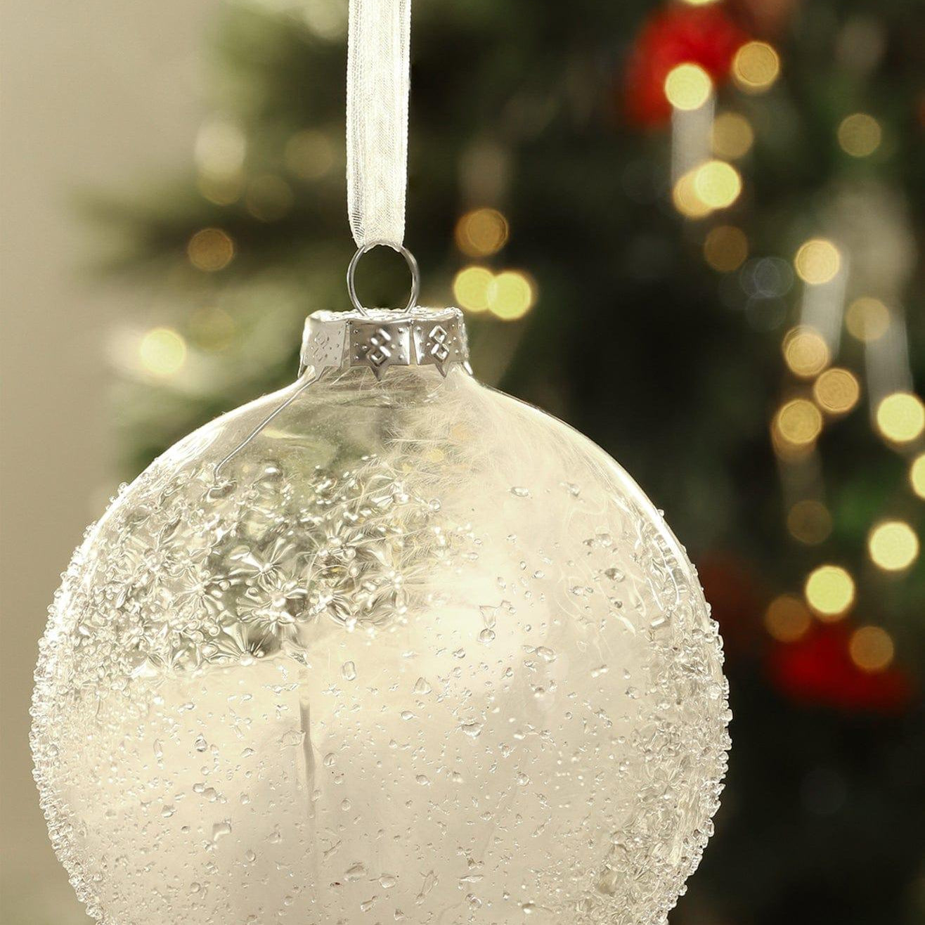 Frosted Effect Glass Christmas Bauble with Real Feathers Insert Large Snowy Tree Ornament Decoration - G Decor