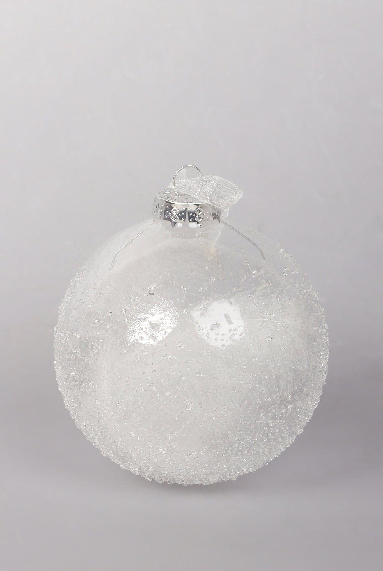Frosted Effect Glass Christmas Bauble with Real Feathers Insert Large Snowy Tree Ornament Decoration - G Decor